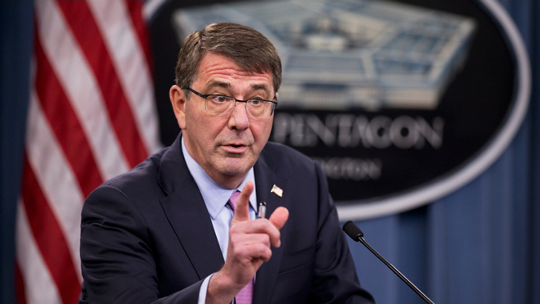 March 11, 2015: Defense Secretary Ash Carter speaks during a news conference with British Defense Secretary Michael Fallon following their meeting at the Pentagon.
