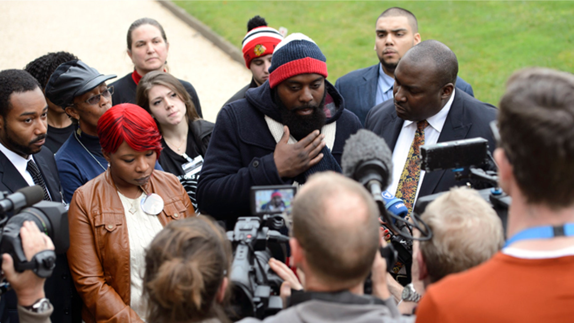 Nov. 12, 2014: Lesley McSpadden, left, and Michael Brown, Sr., right, parents of teenager Michael Brown who was shot by a policeman in Ferguson, Missouri, speak during a press conference about the UN Committee Against Torture who convenes this week to evaluate the US government's compliance with the Convention Against Torture, in Geneva, Switzerland.