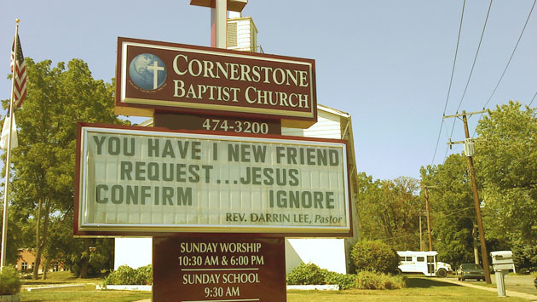 FILE -- In this Sept. 2010 photo, the sign outside Cornerstone Baptist Church displays its message to drivers in Farmington Hills, Mich.