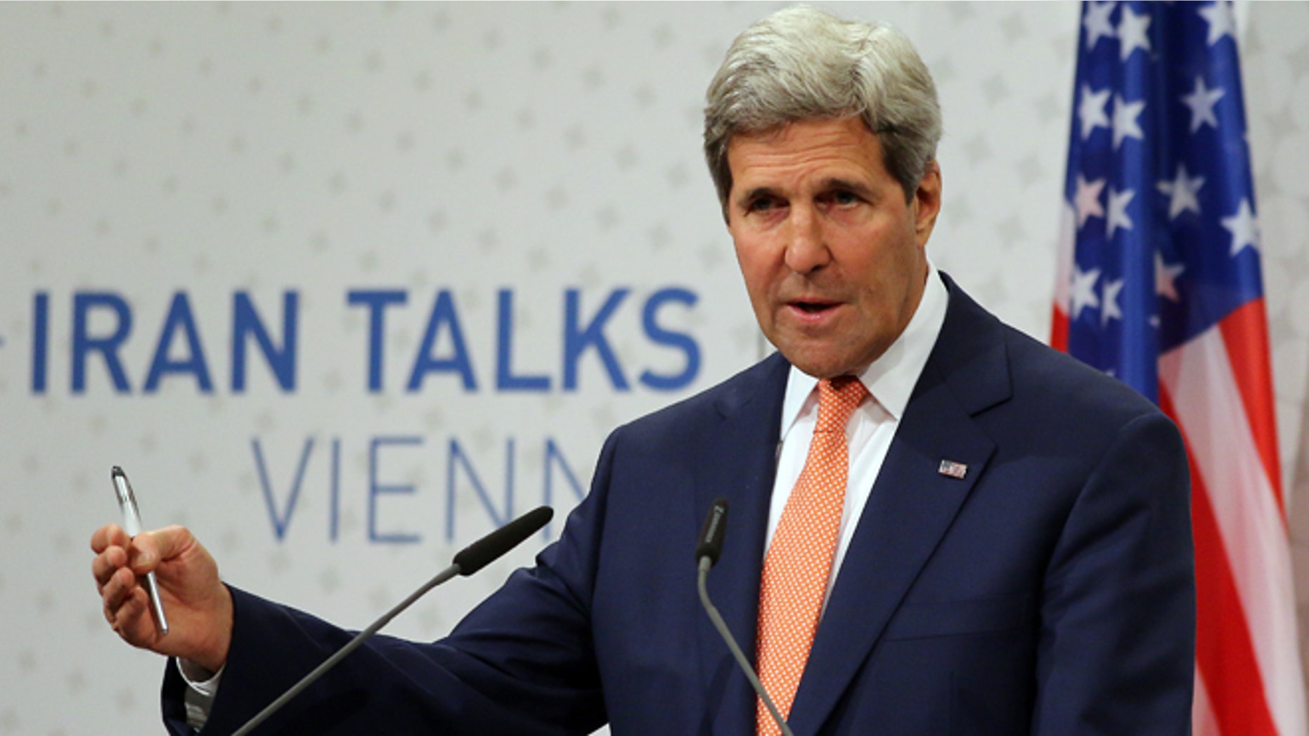 July 15, 2014: Secretary of State John Kerry speaking to the media after closed-door nuclear talks on Iran in Vienna, Austria. Intense negotiations with Iran have yielded “tangible progress,” U.S. Secretary of State John Kerry said Tuesday, but significant gaps remain ahead of a July 20 target date for a deal meant to put firm curbs on Tehran’s nuclear activities in exchange for an end to sanctions.