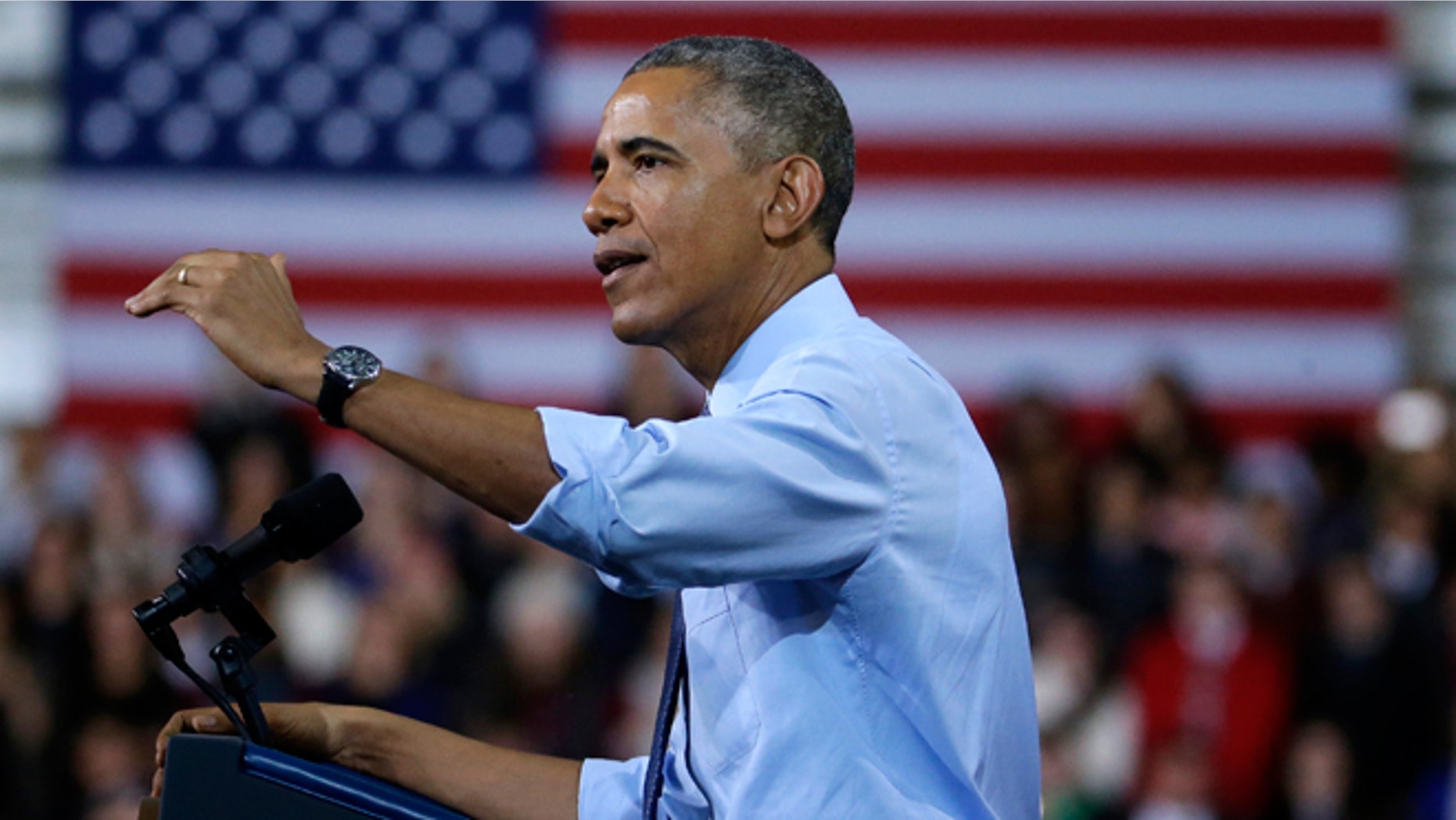 FILE -- Jan. 22, 2015: President Obama speaks during a visit to the University of Kansas in Lawrence, Kansas.