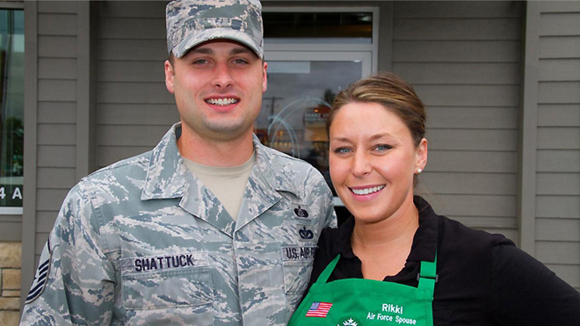 Starbucks partner Rikki Shattuck and her husband, Master Sgt. Justin Shattuck with the 446 Airlift Wing.