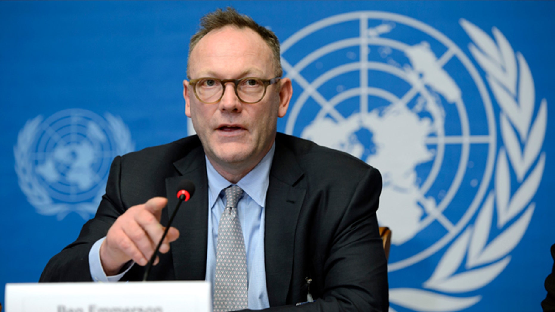 FILE -- March 12, 2014: Ben Emmerson, UN Special Rapporteur on Counter Terrorism and Human Rights speaks during a press conference about his annual report to the Human Rights Council on the use of remotely piloted aircraft, or drones, in extraterritorial lethal counter-terrorism operations, at the European headquarters of the United Nations, in Geneva, Switzerland.