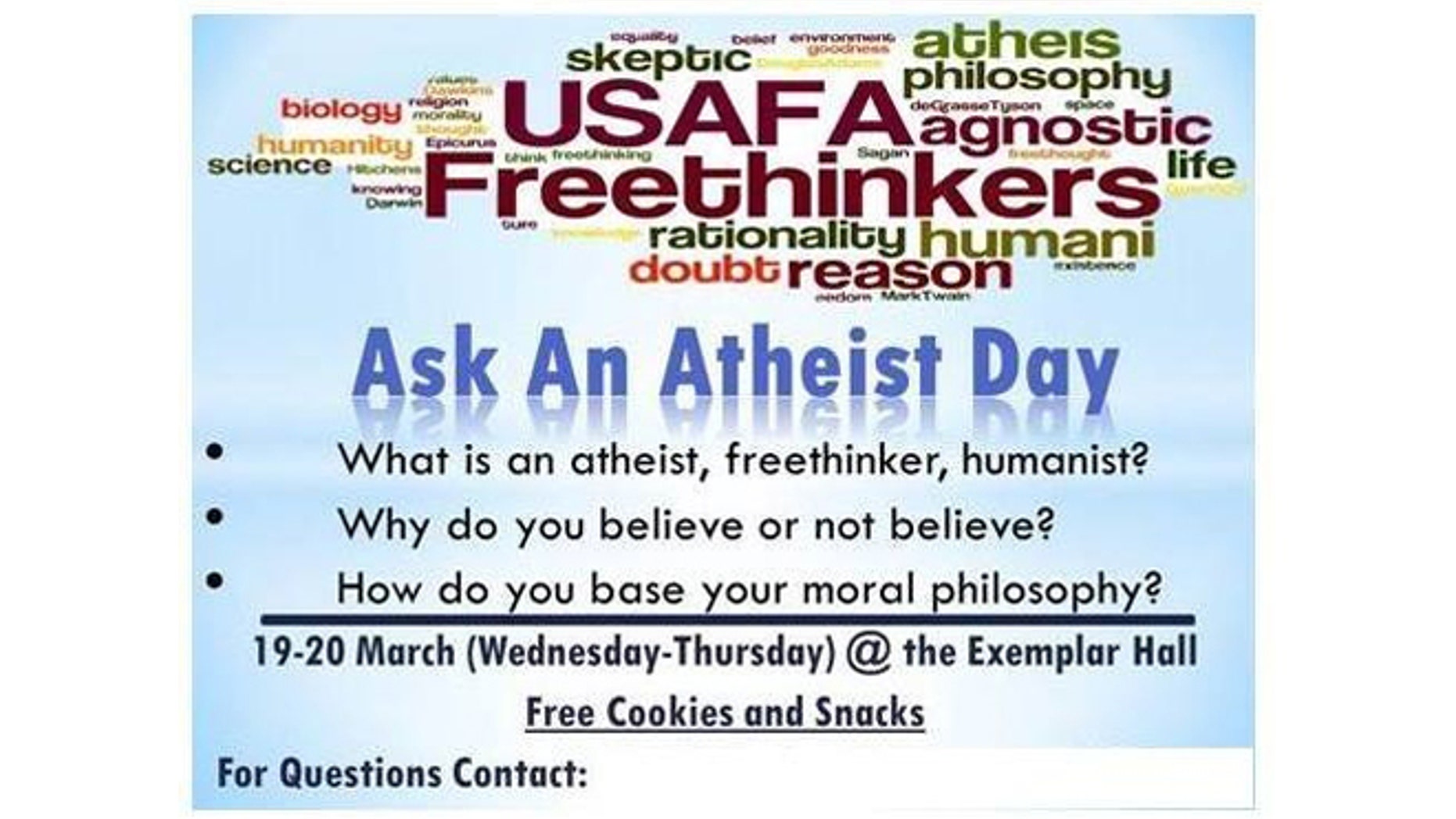 Flyer distributed at the Air Force Academy promoting Ask an Atheist Day.