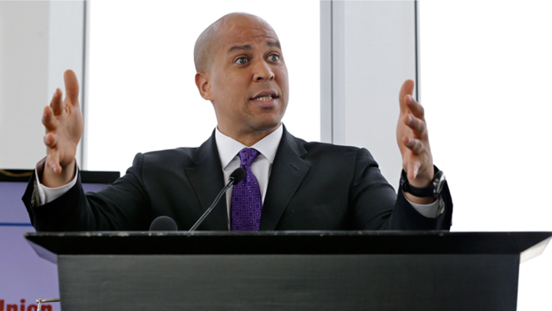 Oct. 20, 2014: United States Sen. Cory Booker addresses a gathering at Kean University in Union, N.J. Booker will face Republican Senate candidate Jeff Bell in the November election.