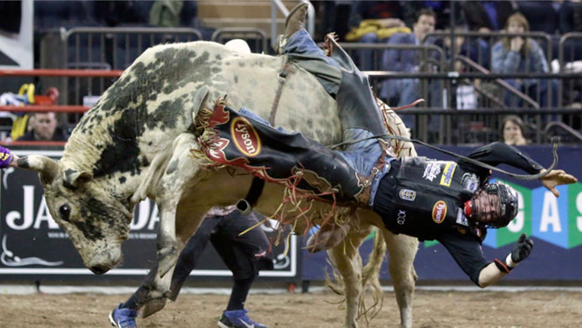In this Jan. 17, 2015, file photo, Chase Outlaw, of Hamburg, Ariz., dismounts Sun Dome during the Professional Bull Riders Buck Off, in New York's Madison Square Garden. Serious injuries are occupational hazards for bull riders, but doctors, riders and researchers say the most pervasive injuries are concussions. The Professional Bull Riders’ circuit’s lead medical staffer says he hasn’t seen a drop in the number of concussions despite the widespread use of helmets.