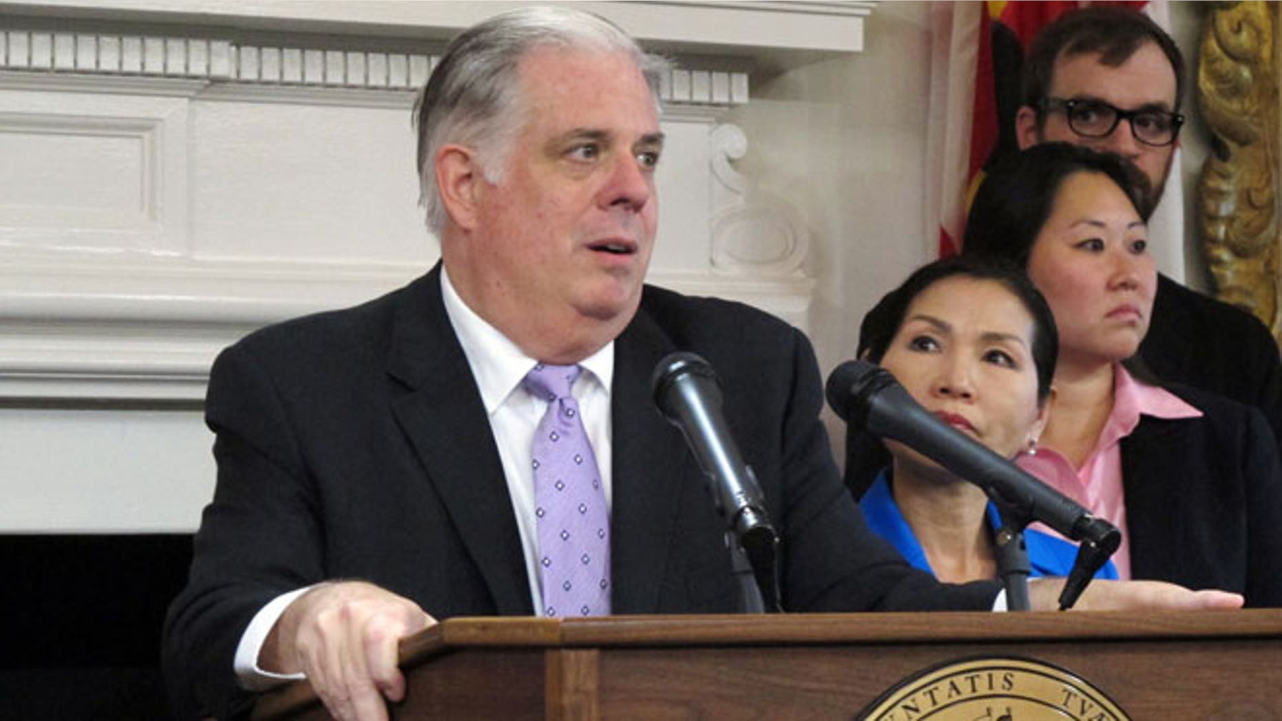 Maryland Gov. Larry Hogan speaks during a news conference about his cancer diagnoses in Annapolis, Md., Monday, June 22, 2015. Hogan has "very advanced" and "very aggressive" cancer of the lymph nodes, but he said Monday he will continue to work as the state's chief elected official.