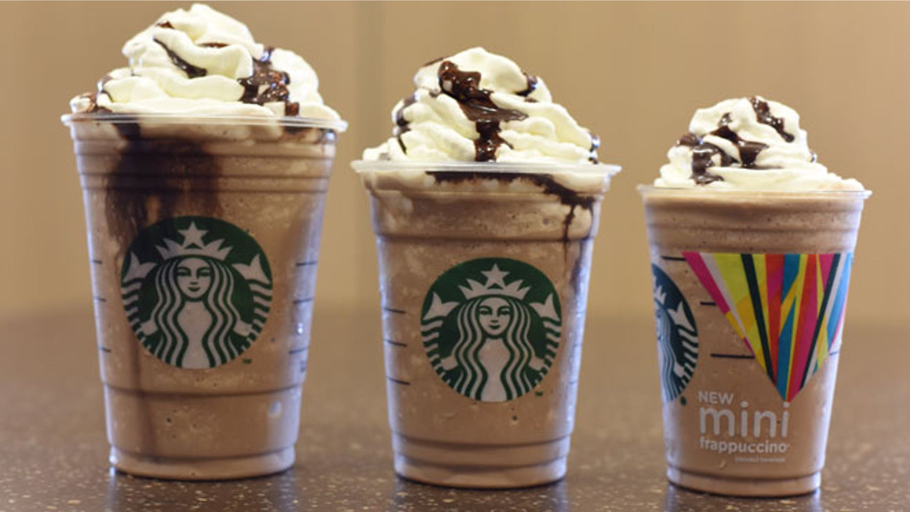 This photo provided by Starbucks shows the Mini Frappuccino. Starbucks says it will start selling Frappuccinos in a miniature size starting Monday, May 11, 2015, making it the latest company to court customers by going smaller.