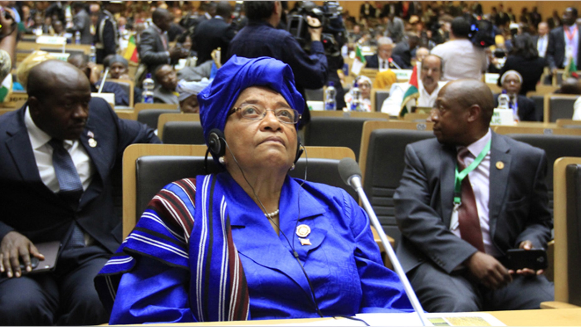 Liberian President Ellen Johnson-Sirleaf attends the opening ceremony of the 22nd Ordinary Session of the African Union summit in Ethiopia's capital Addis Ababa, January 30, 2014. The new president of Madagascar called on Thursday for an international donor conference in the next three months to help his island state recover from a political and economic crisis triggered by a coup five years ago. President Hery Rajaonarimampianina, who was sworn into office this month after elections passed off calmly in December, made his appeal at an African Union summit in Addis Ababa. REUTERS/Tiksa Negeri (ETHIOPIA - Tags: POLITICS) - RTX180W8