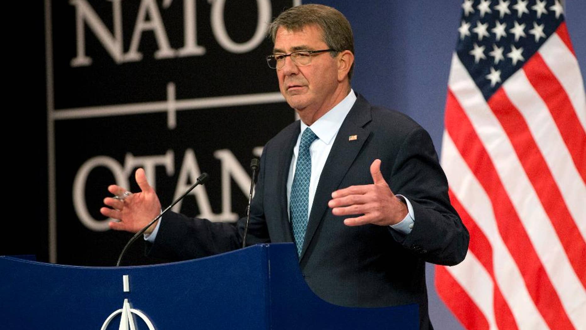 U.S. Secretary of Defense Ash Carter speaks during a media conference after a meeting of NATO defense ministers at NATO headquarters in Brussels on Wednesday, June 15, 2016. NATO concluded a two-day meeting on Wednesday with discussions on the situation in Afghanistan and Ukraine. (AP Photo/Virginia Mayo)