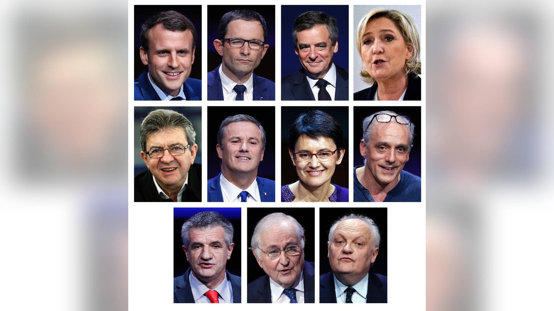 This combination of file photos show the eleven French official presidential candidates: Top from left: Emmanuel Macron, Benoit Hamon, Francois Fillon, Marine le Pen. Middle form left: Jean-Luc Melelchon, Nicolas Dupont-Aignan, Nathalie Arthaud, Philippe Poutou. Below from the left: Jean Lassalle, Jacques Cheminade, Francois Asselineau. Imagine if Americans elected a president who was neither Democrat nor Republican. France is facing a similarly shocking scenario: As the 11 candidates head into a debate Tuesday, the traditional left-right contenders are overshadowed by rivals pledging to turn today’s system on its head. (AP Photo/Christophe Ena, Francois Mori, Michel Euler, Jean-Francois Badias, Files)