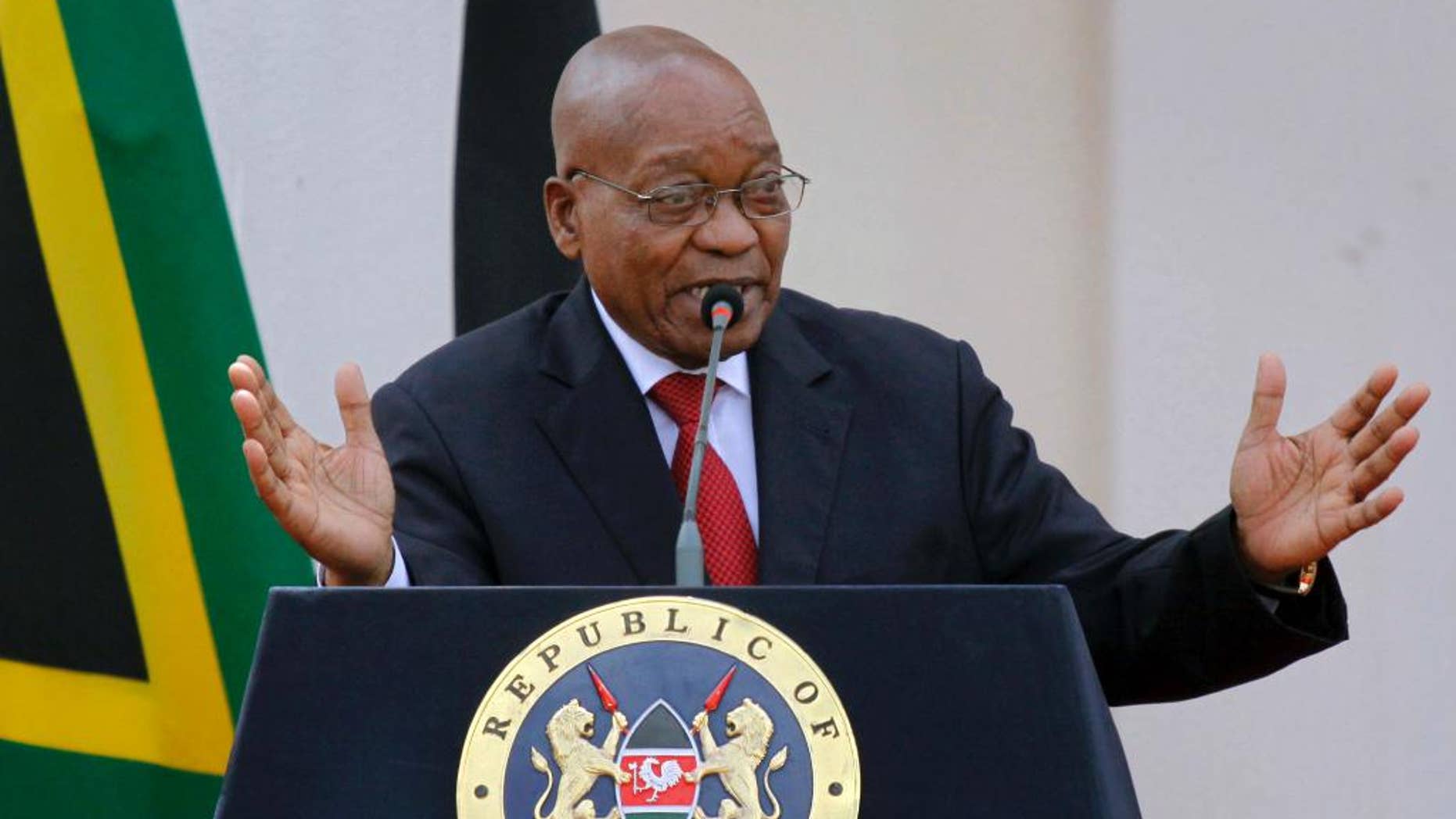 FILE -- In this Oct. 11, 2016, file photo, South African President Jacob Zuma gives a press conference at State House in Nairobi, Kenya. The Nelson Mandela Foundation has sharply criticized Zuma saying "political meddling for private interests" during his tenure has weakened key state institutions and poses a threat to the country's democracy. (AP Photo/Khalil Senosi, File)
