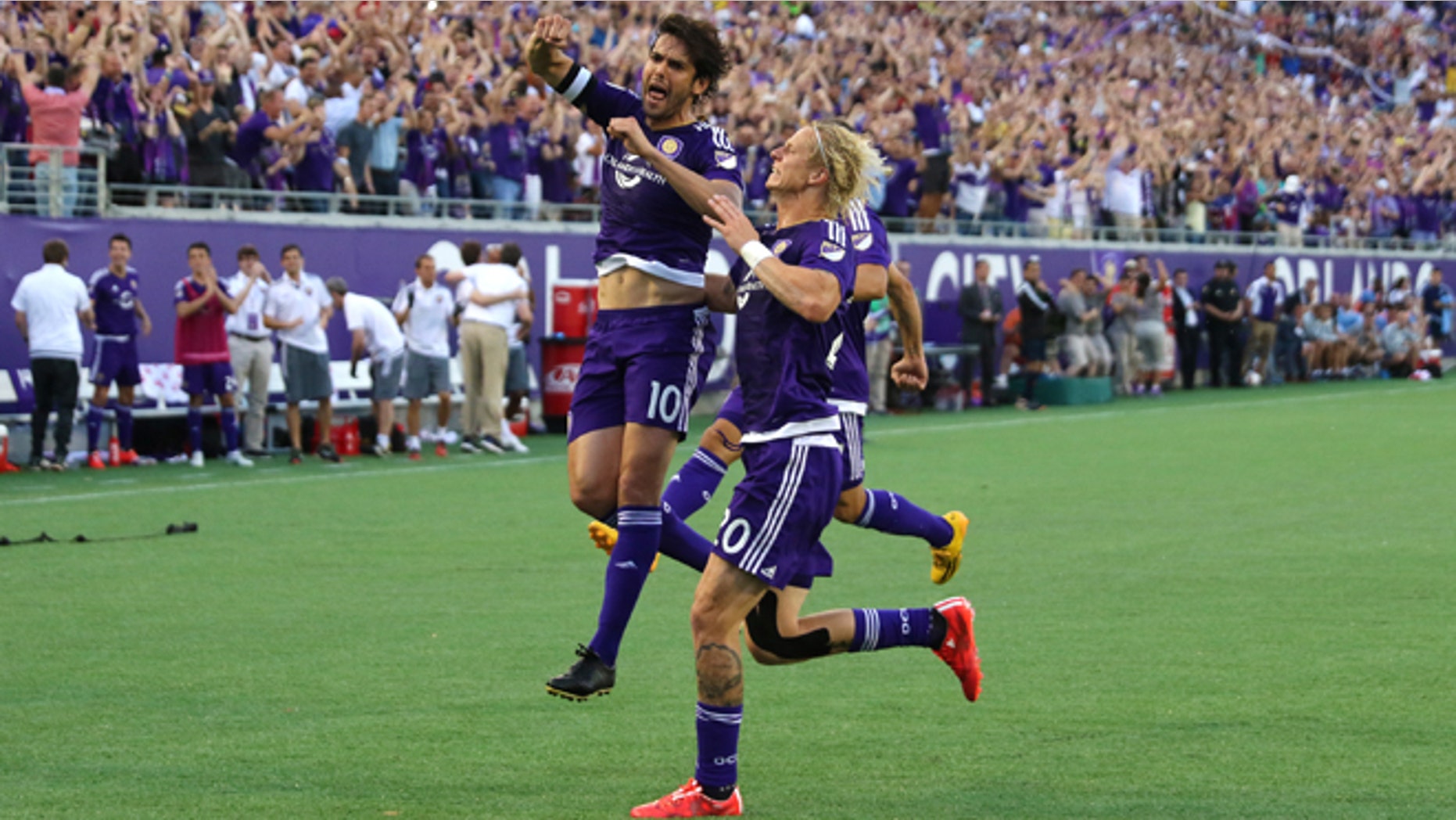 ORLANDO, FL - MARCH 08: Kaka #10 of Orlando City SC celebrates after he scores the first goal in team history during an MLS soccer match between the New York City FC and the Orlando City SC at the Orlando Citrus Bowl on March 8, 2015 in Orlando, Florida. This was the first game for both teams and the final score was 1-1.(Photo by Alex Menendez/Getty Images)