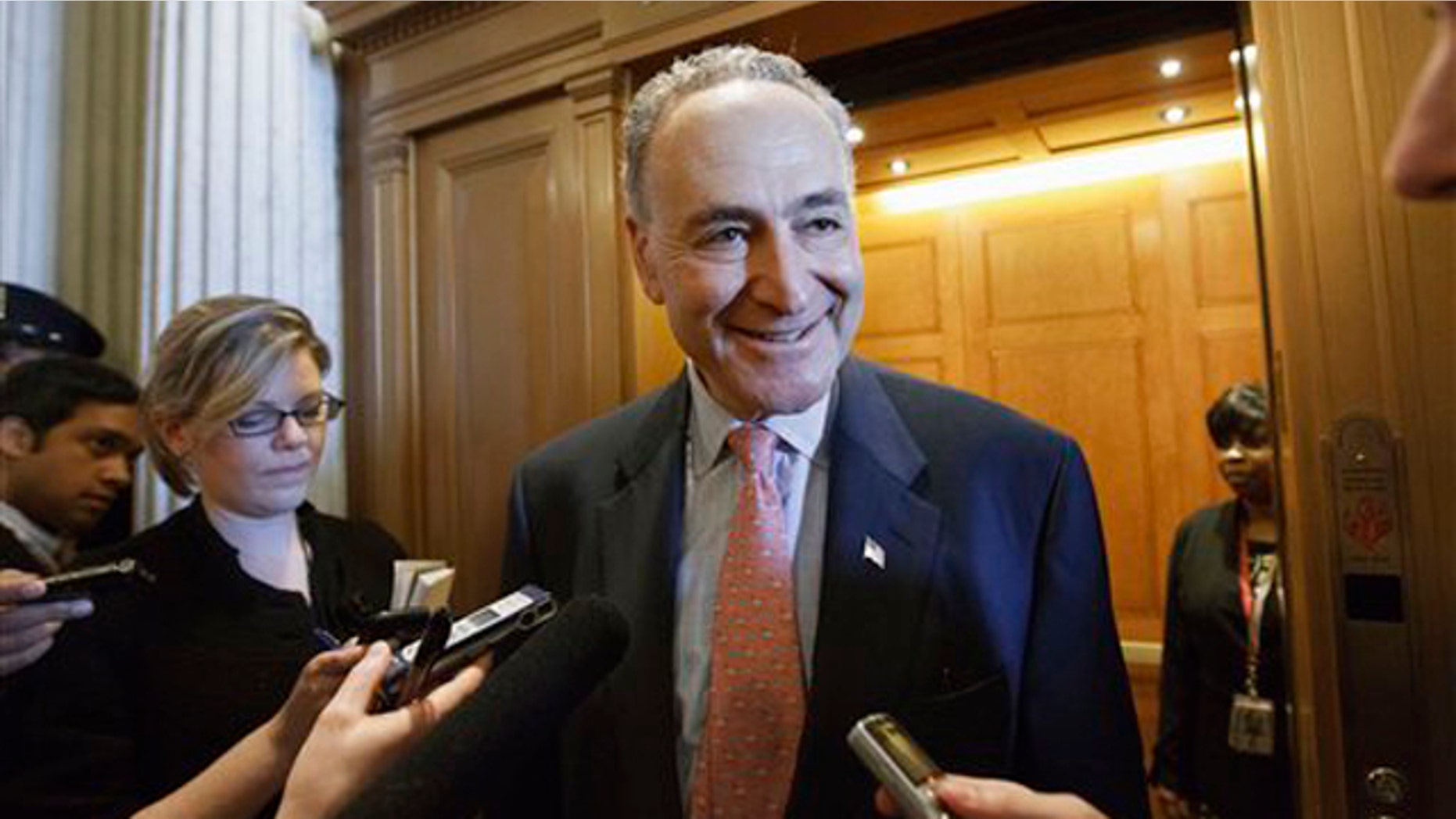 FILE: Feb. 17, 2012: Sen. Chuck Schumer speaks to reporters on Capitol Hill in Washington.