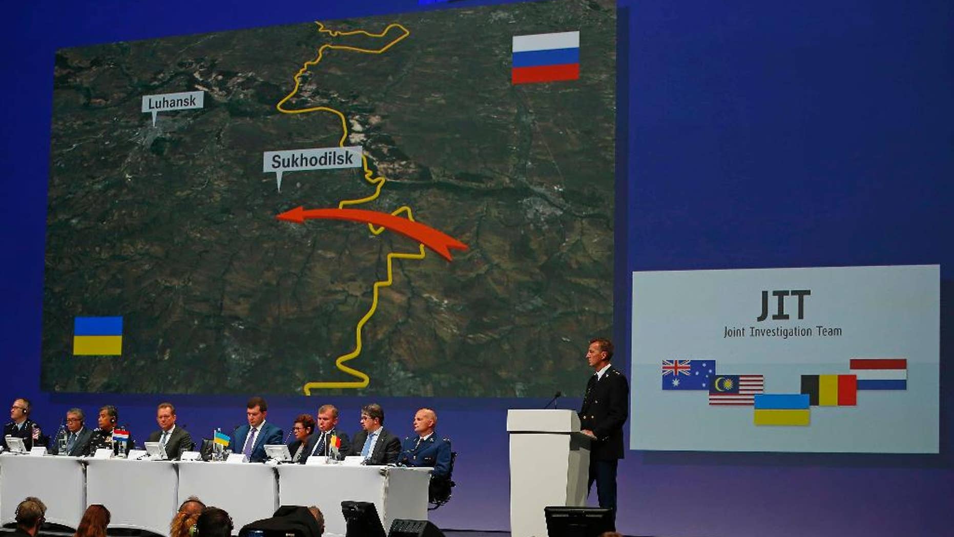 Wilbert Paulissen of the Joint Investigation Team (JIT) speaks on the preliminary results of the investigation into the shooting-down of Malaysia Airlines jetliner flight MH17 during a press conference in Nieuwegein, Netherlands, Wednesday, Sept. 28, 2016. The disaster claimed 298 lives. (AP Photo/Peter Dejong)