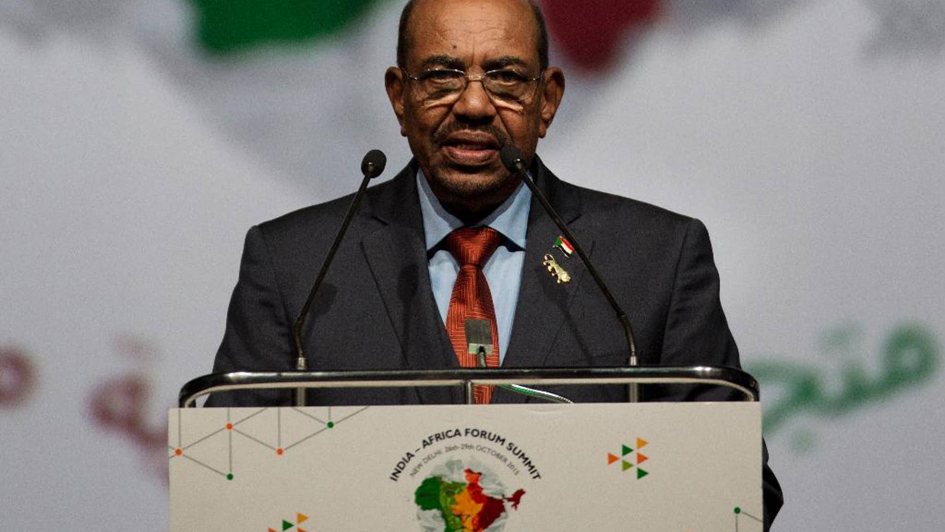 FILE - In this Oct. 29, 2015 file photo, Sudanese President Omar al-Bashir speaks in New Delhi, India. The Obama administration, which has negotiated new relationships with states like Cuba, Iran and Myanmar, is now eyeing a rapprochement with Sudan, a nation that has long been designated a state sponsor of terrorism and whose current leader has been indicted on war crimes charges. (AP Photo/Bernat Armangue, File)