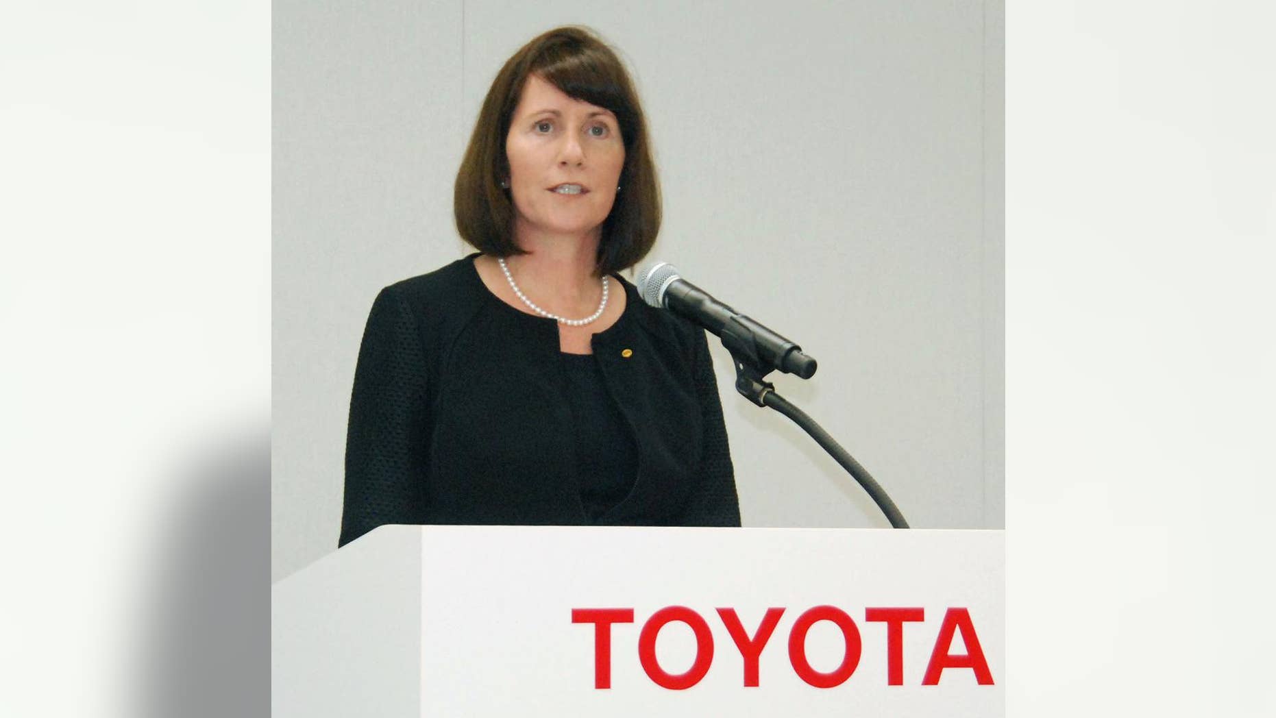 FILE - In this July 17, 2015 file photo, Toyota Motor Corp.'s head of public relations Julie Hamp speaks during a press conference in Toyota, central Japan. Japan's Kyodo News says the American Toyota executive who was arrested last month on suspicion of drug law violations is expected to be released Wednesday, July 8 without being prosecuted. (Tsutomu Agechi/Kyodo News via AP, File) JAPAN OUT, CREDIT MANDATORY