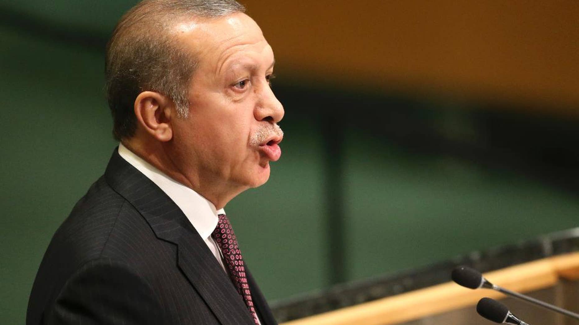 Recep Tayyip Erdogan, President of Turkey, speaks during the 71st session of the United Nations General Assembly at U.N. headquarters, Tuesday, Sept. 20, 2016. (AP Photo/Seth Wenig)