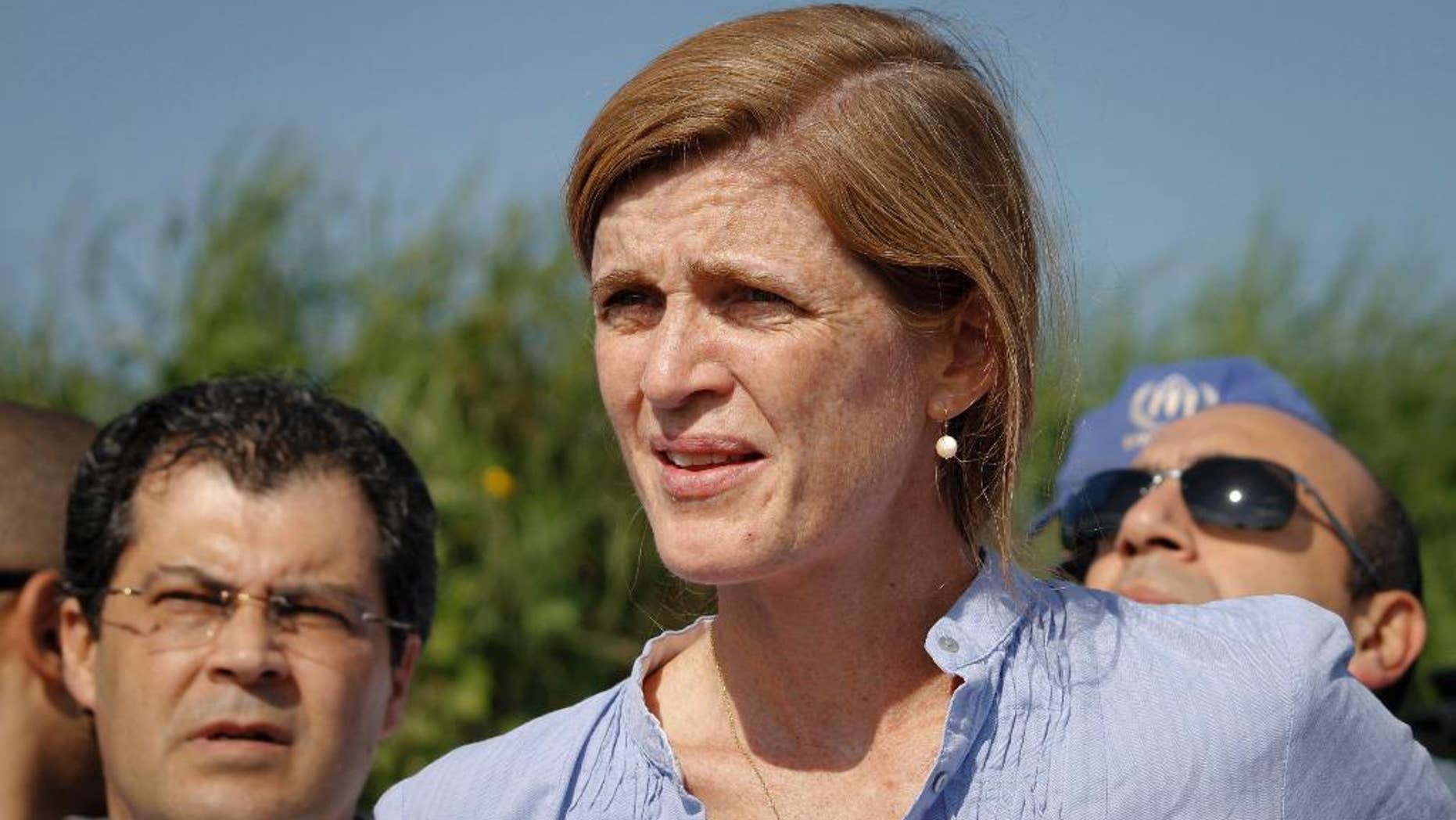 U.S. Ambassador to the United Nations Samantha Power speaks to the media in the capital Juba, South Sudan, Saturday, Sept. 3, 2016. Samantha Power called Saturday for an independent commission to take testimony from rape victims of a rampage by South Sudanese soldiers at a hotel compound popular with foreigners in July. (AP Photo/Justin Lynch)