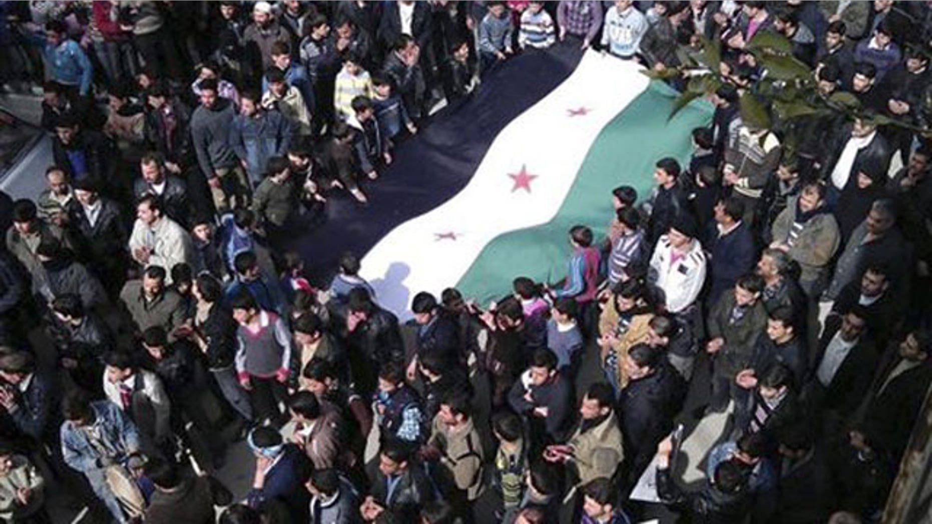 In this Feb. 24, 2012 citizen journalism image provided by the Local Coordination Committees in Syria and accessed on Saturday, Feb. 25, 2012, anti-Syrian regime demonstrators carry a large Syrian revolution flag during a demonstration, in Damascus, Syria.