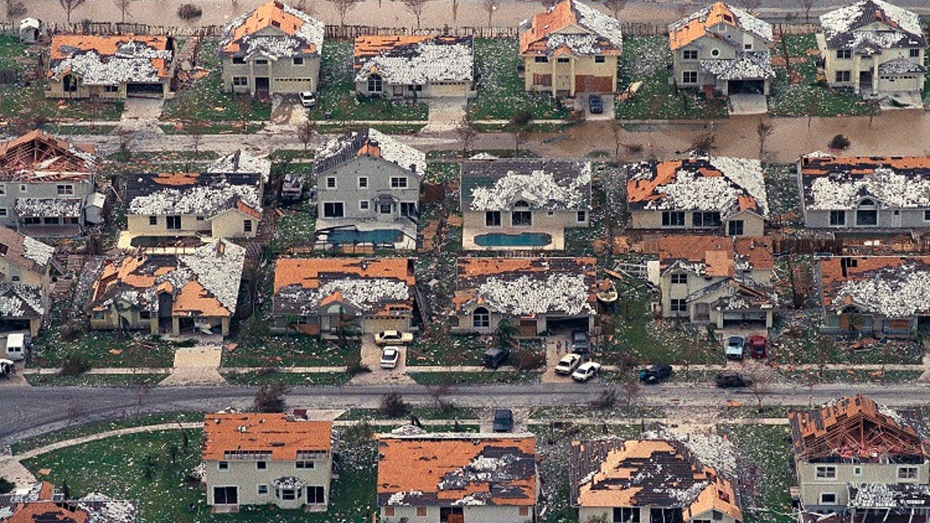 The damage caused by Hurricane Andrew in a neighborhood between Homestead and Florida City, Fla. The storm left a record $25 billion in damage and its impact on South Florida was the most significant.