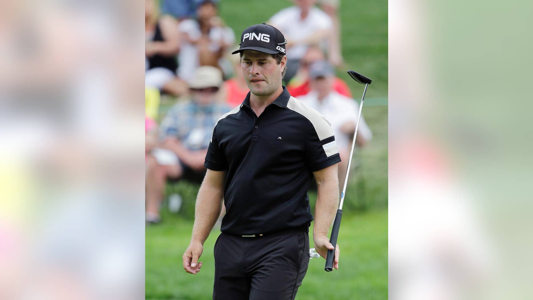 David Lingmerth, of Sweden, reacts to a missed putt on the ninth green during the final round of the Memorial golf tournament Sunday, June 7, 2015, in Dublin, Ohio. Lingmerth defeated Justin Rose, of England, in a three-hole playoff. (AP Photo/Darron Cummings)