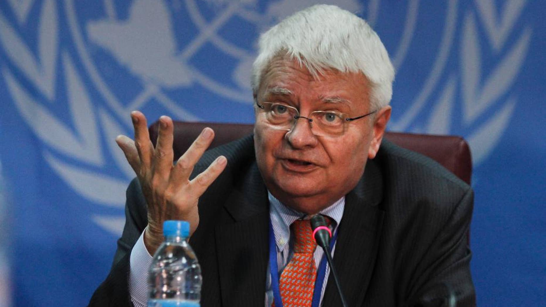 U.N. peacekeeping chief Herve Ladsous speaks to the media in Juba, South Sudan, Tuesday, March 21, 2017. The first units of a long-delayed regional protection force for South Sudan will deploy within a few weeks, Ladsous said Tuesday during a visit to the country's capital. (AP Photo/Bullen Chol)