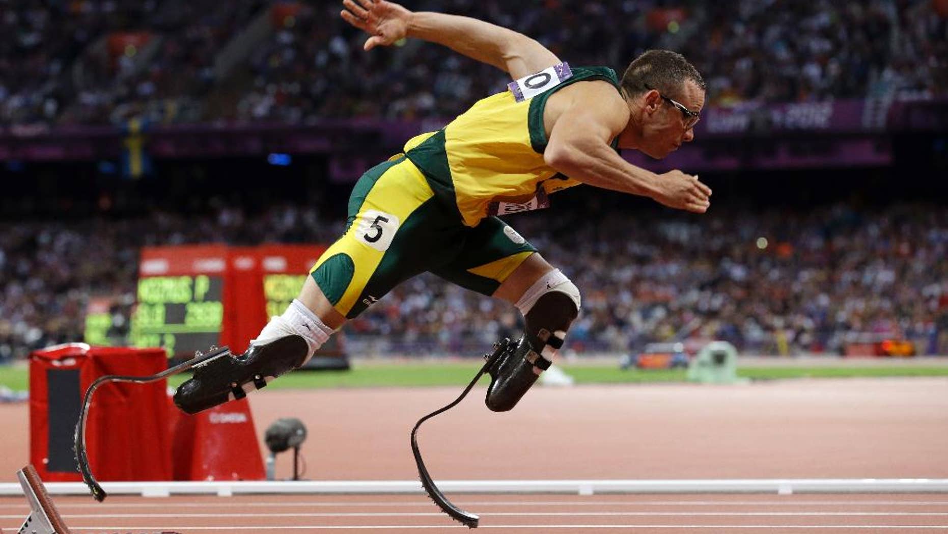 Aug. 5, 2014: South Africa's Oscar Pistorius starts in the men's 400-meter semifinal during the athletics in the Olympic Stadium at the 2012 Summer Olympics, London.