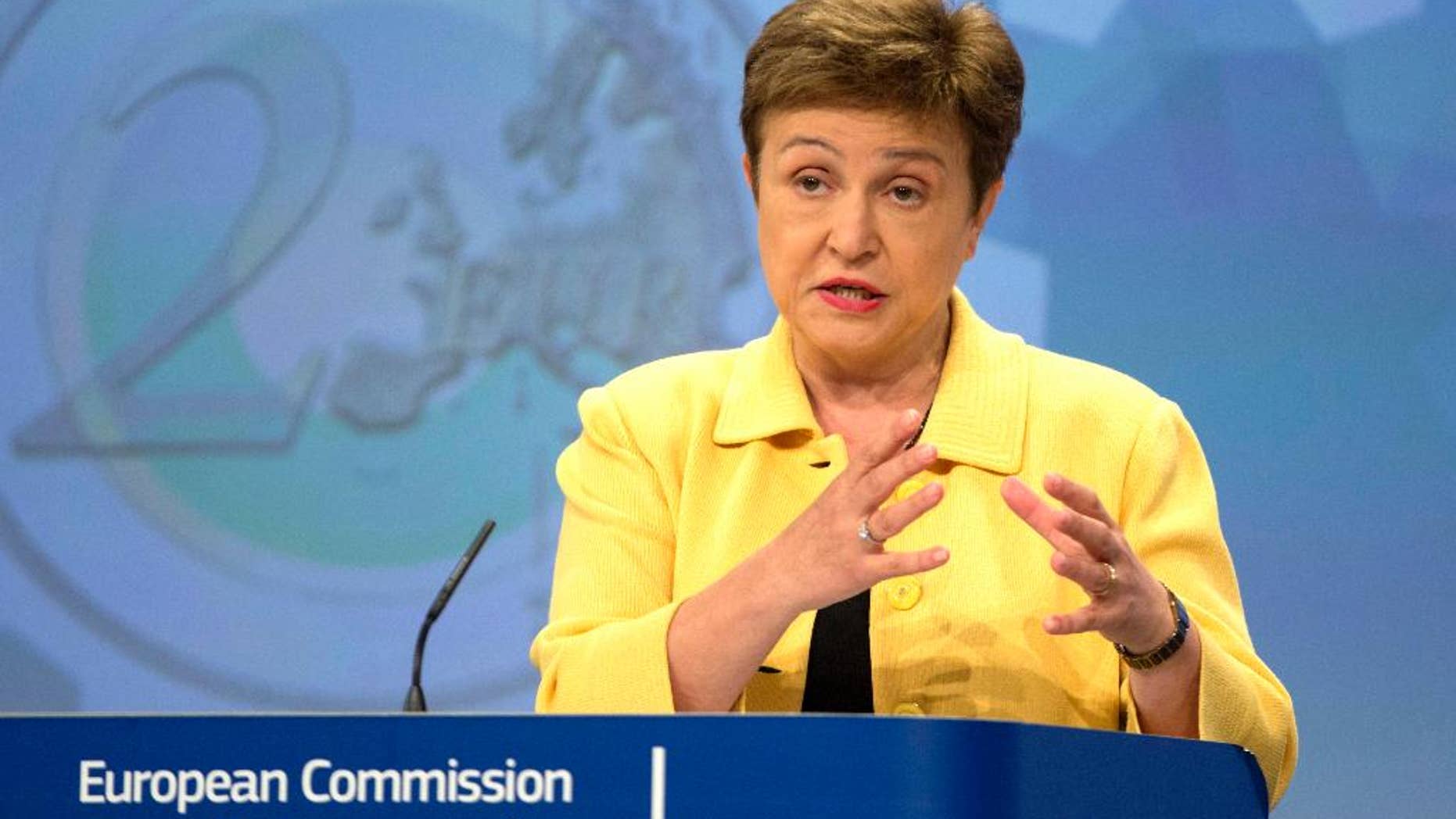 FILE - In this Wednesday, May 27, 2016 file photo, European Commissioner for Budget Kristalina Georgieva speaks during a media conference at EU headquarters in Brussels. Georgieva of Bulgaria, the latest candidate to be the next secretary-general, European commissioner, will appear before the U.N. General Assembly on Monday to answer questions from member states. Georgieva, a former World Bank vice president, entered the race after Bulgarian Prime Minister Boiko Borisov announced Wednesday that the government was switching its support from UNESCO chief Irina Bokova to her. (AP Photo/Virginia Mayo, File)