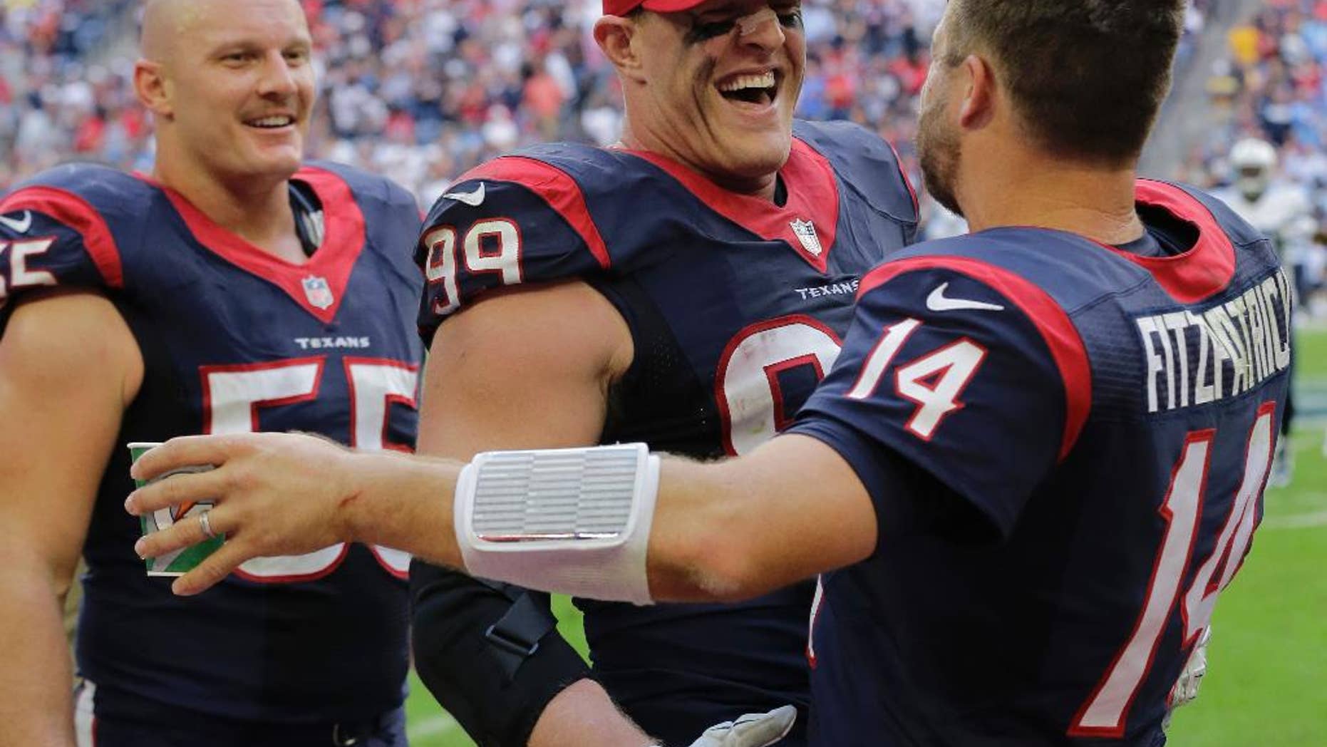 Houston Texans' J.J. Watt, center, celebrates with teammate Ryan Fitzpatrick, right, after they connected for a touchdown against the Tennessee Titans during the second half of an NFL football game Sunday, Nov. 30, 2014, in Houston. (AP Photo/Eric Gay)