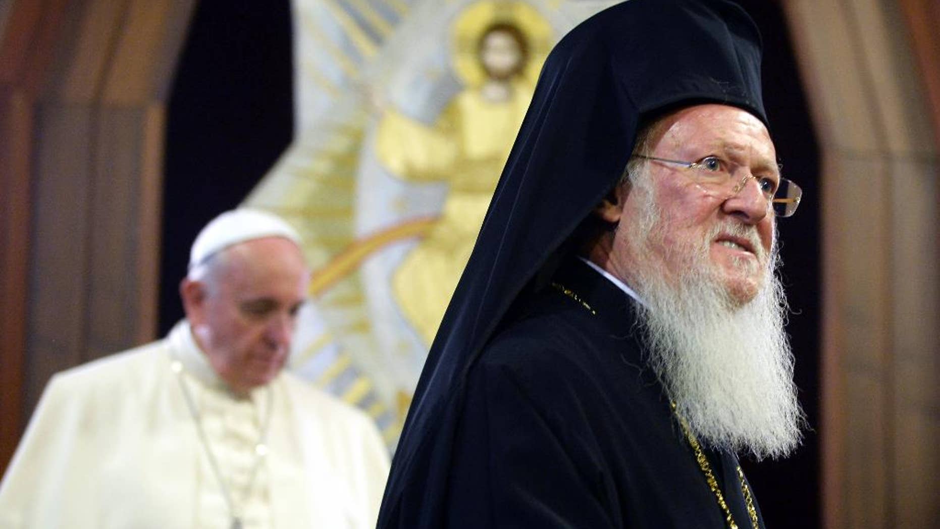 Nov. 30, 2014: Pope Francis, left, and Ecumenical Patriarch Bartholomew I arrive for a joint declaration, in Istanbul. (AP)