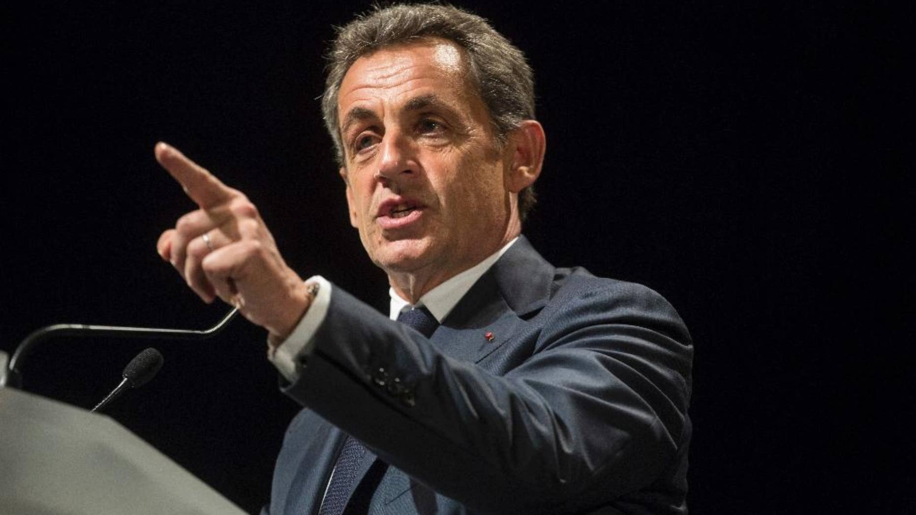 Former French President and candidate for France's conservative presidential primary Nicolas Sarkozy delivers a speech in early November.