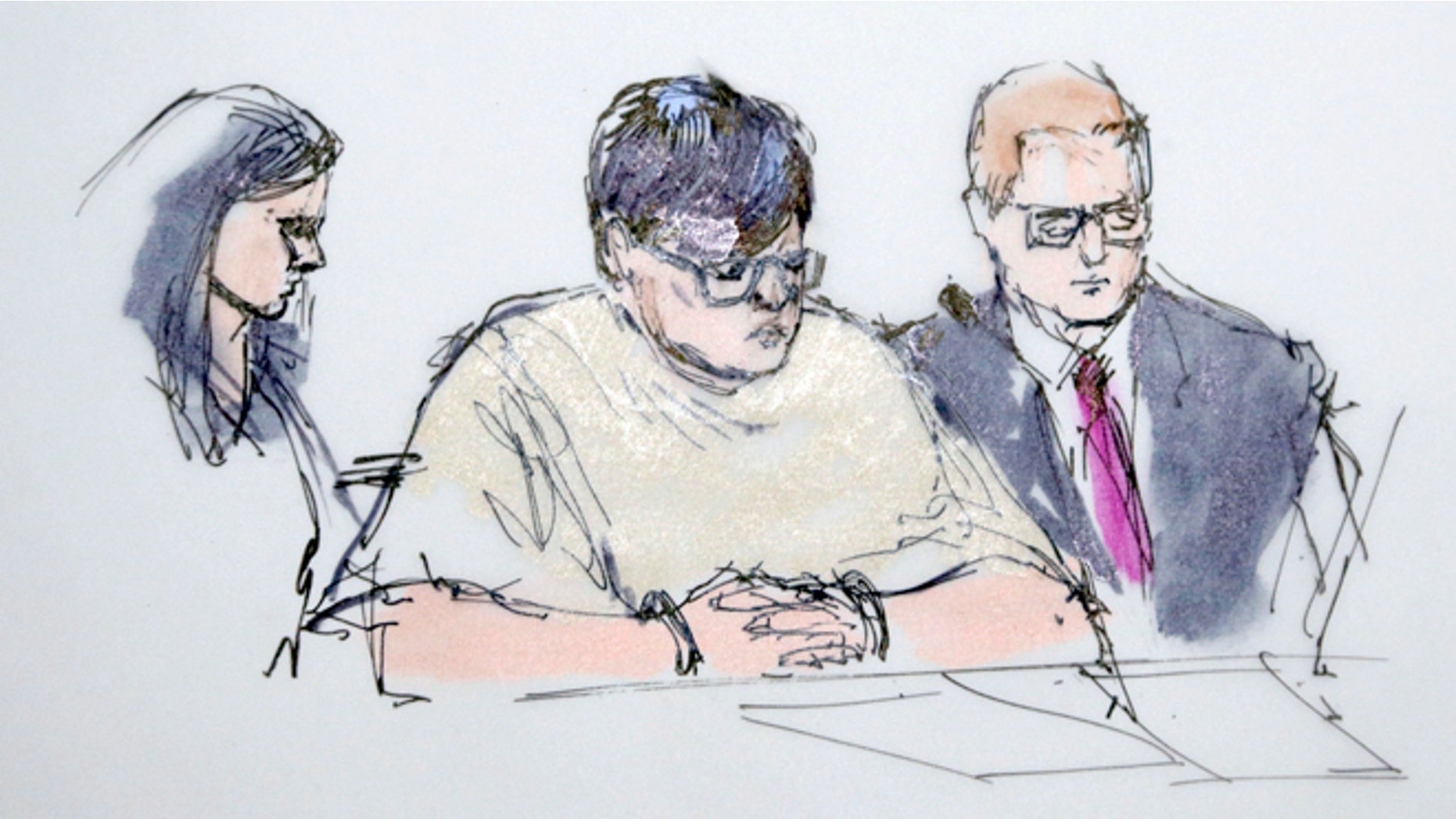 In this artist's sketch, Enrique Marquez, center, appears in federal court in Riverside, Calif., Thursday, Dec. 17, 2015. Marquez, 24, was charged Thursday with conspiring to provide material support to terrorists for plotting with gunman Syed Rizwan Farook to launch attacks in 2011 and 2012 at a community college and congested freeway at rush hour that they never carried out. (AP Photo/Bill Robles)