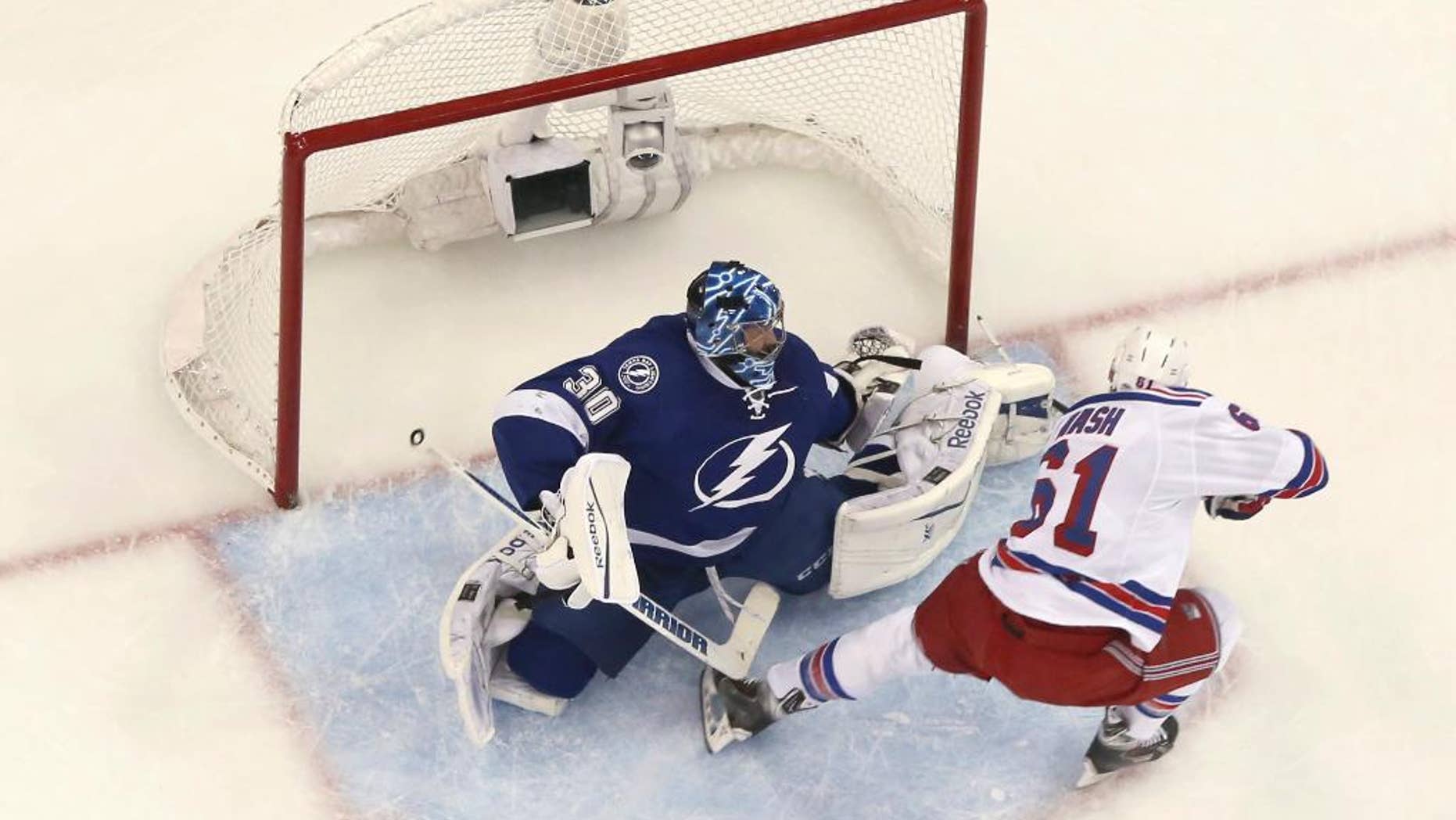New York Rangers left wing Rick Nash (61) scores a goal against Tampa Bay Lightning goalie Ben Bishop during the first period of Game 4 of the Eastern Conference finals in the NHL hockey Stanley Cup playoffs, Friday, May 22, 2015, in Tampa, Fla. Nash had two goals and an assist as the Rangers defeated the Lightning 5-1. (AP Photo/Chris O'Meara)