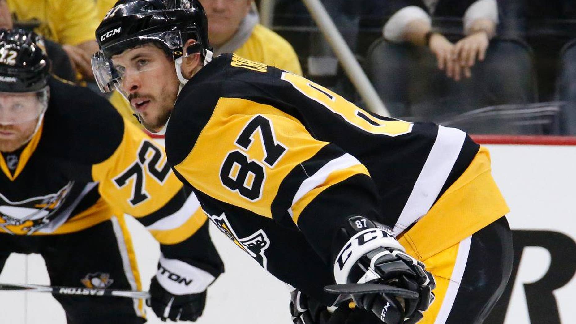 Pittsburgh Penguins' Sidney Crosby prepares to take a face-off during the second period of Game 4 in an NHL hockey Stanley Cup Eastern Conference semifinals against the Washington Capitals in Pittsburgh, Wednesday, May 4, 2016. (AP Photo/Gene J. Puskar)