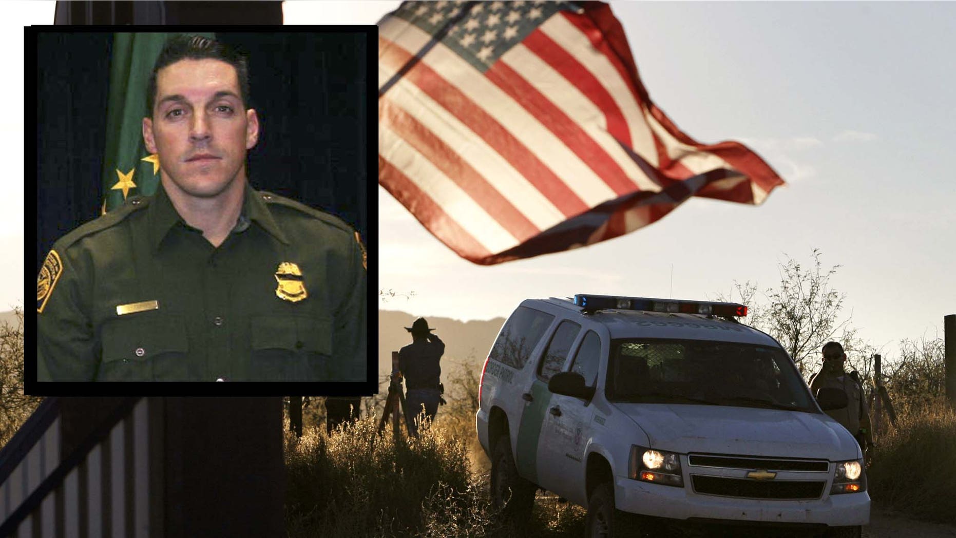 An American flag on a nearby resident's home waves in the breeze near a U.S. Border Patrol truck blocking the road leading to a search area near where agent Brian A. Terry, 40, was killed northwest of Nogales, Ariz., on Wednesday, Dec. 15, 2010. (AP Photo/Arizona Daily Star, Greg Bryan) MANDATORY CREDIT