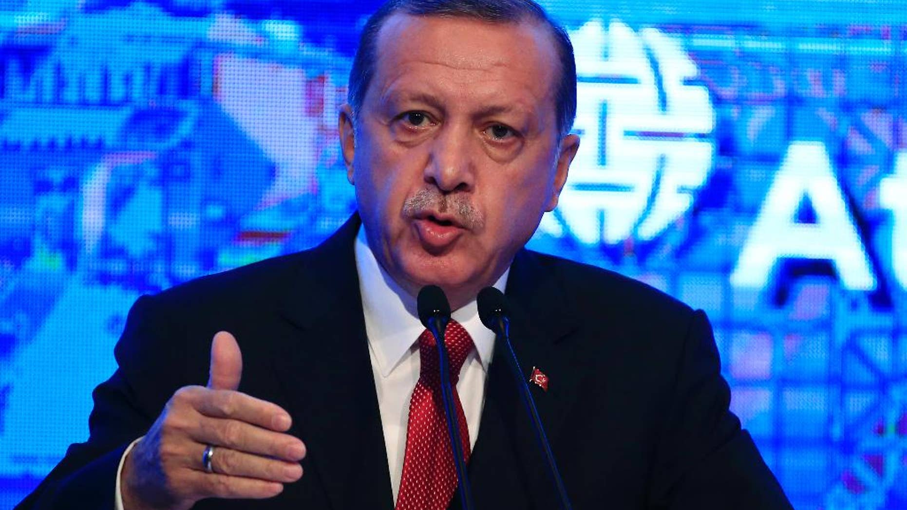 Turkey's President Recep Tayyip Erdogan, gestures as he delivers a speech at an Atlantic Council event in Istanbul, Friday, April 28, 2017. (AP Photo/Lefteris Pitarakis)
