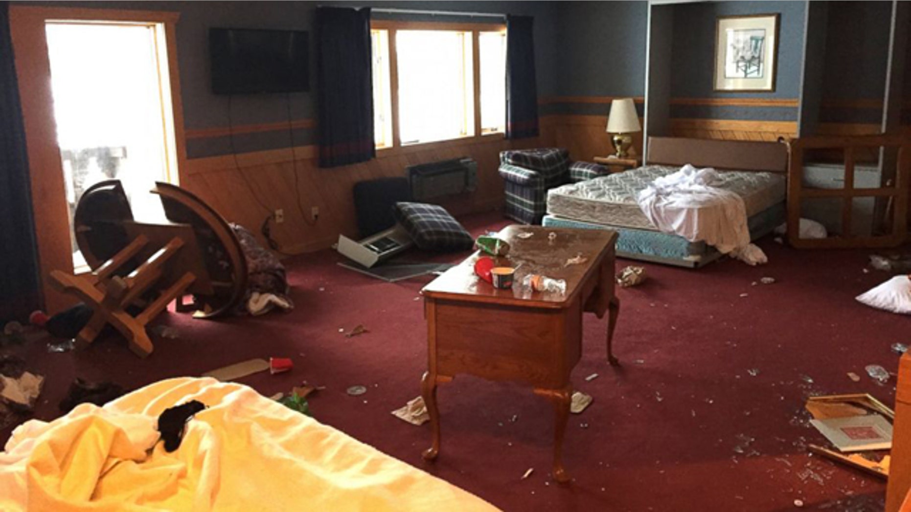 This photo shows a damaged room at the Treetops Resort in Dover Township, Mich. (Courtesy Treetops Resort)