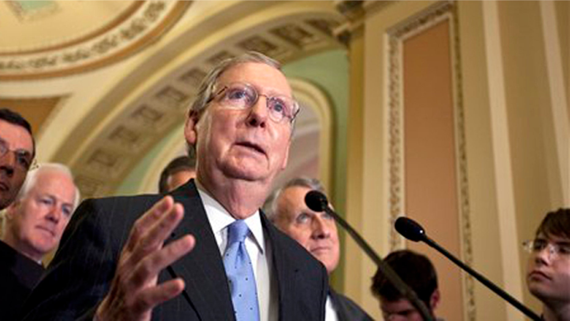 FILE: May 22, 2012: Senate Minority Leader Mitch McConnell, R-Ky.,speaks following a weekly strategy meeting at the Capitol in Washington.