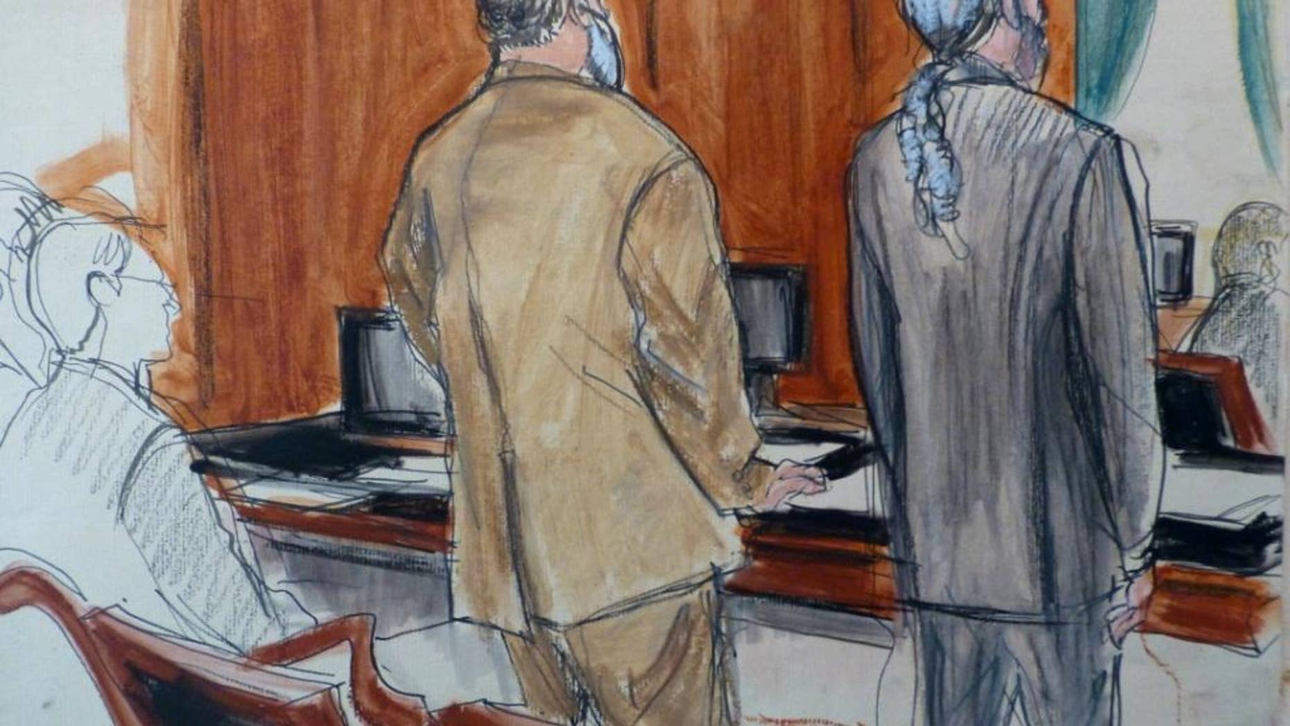 In this courtroom sketch, Sulaiman Abu Ghaith, center, in beige suit, stands next to his defense attorney Stanley Cohen Monday, March 3, 2014 during jury selection at the start of Abu Ghaith's trial in New York on charges that he conspired to kill Americans and support terrorists in his role as al-Qaida's spokesman after the Sept. 11 attacks. Abu Ghaith is Osama bin Laden's son-in-law and is the highest-ranking al-Qaida figure to face trial on U.S. soil since the Sept. 11 attacks. (AP Photo/Elizabeth Williams)