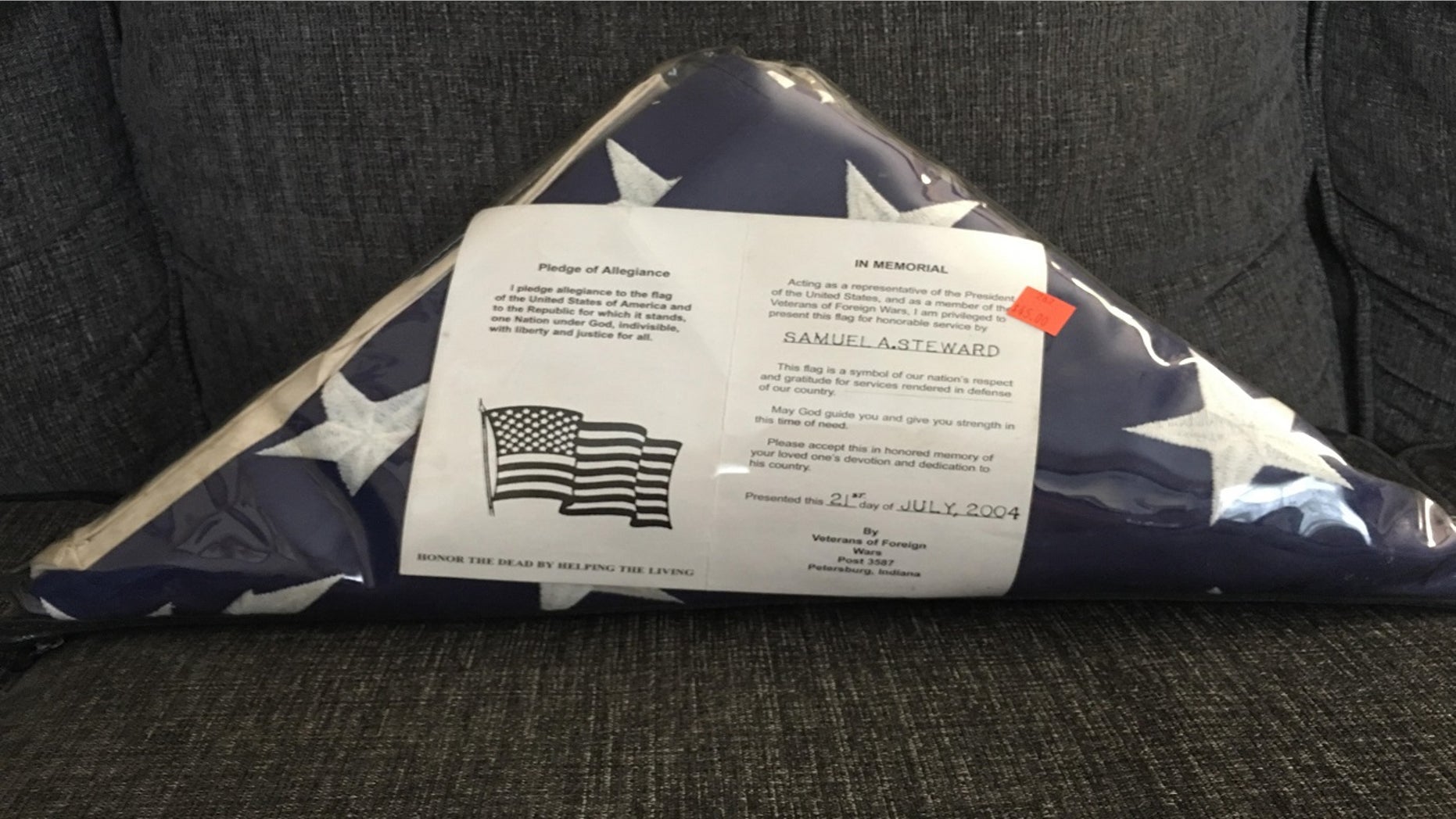 A Kentucky woman found a flag at a Peddler’s Mall store in Bardstown last week that was dedicated to fallen veteran Samuel A. Steward.