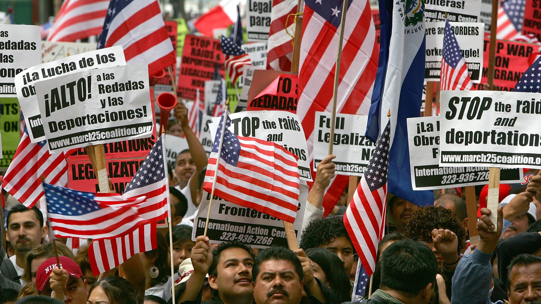LOS ANGELES - MAY 1: Demonstrators march to City Hall in one of several May Day marches and rallies in southern California and in at least 75 cities nationwide to press for immigrant and labor rights May 1, 2007 in Los Angeles, California. The protest is expected to be smaller than the May 1, 2006 march that drew more than 650,000 protesters, the largest turnout in Los Angeles history when large numbers of illegal immigrants carrying the flags of both the U.S. and their countries of origin sparked an anti-immigrant rights backlash among conservatives. Some of the anger that motivated protesters in 2006 was reportedly lessened as Congress failed to pass legislation that would have criminalized illegal immigrants and toughened U.S.-Mexico border enforcement. (Photo by David McNew/Getty Images)