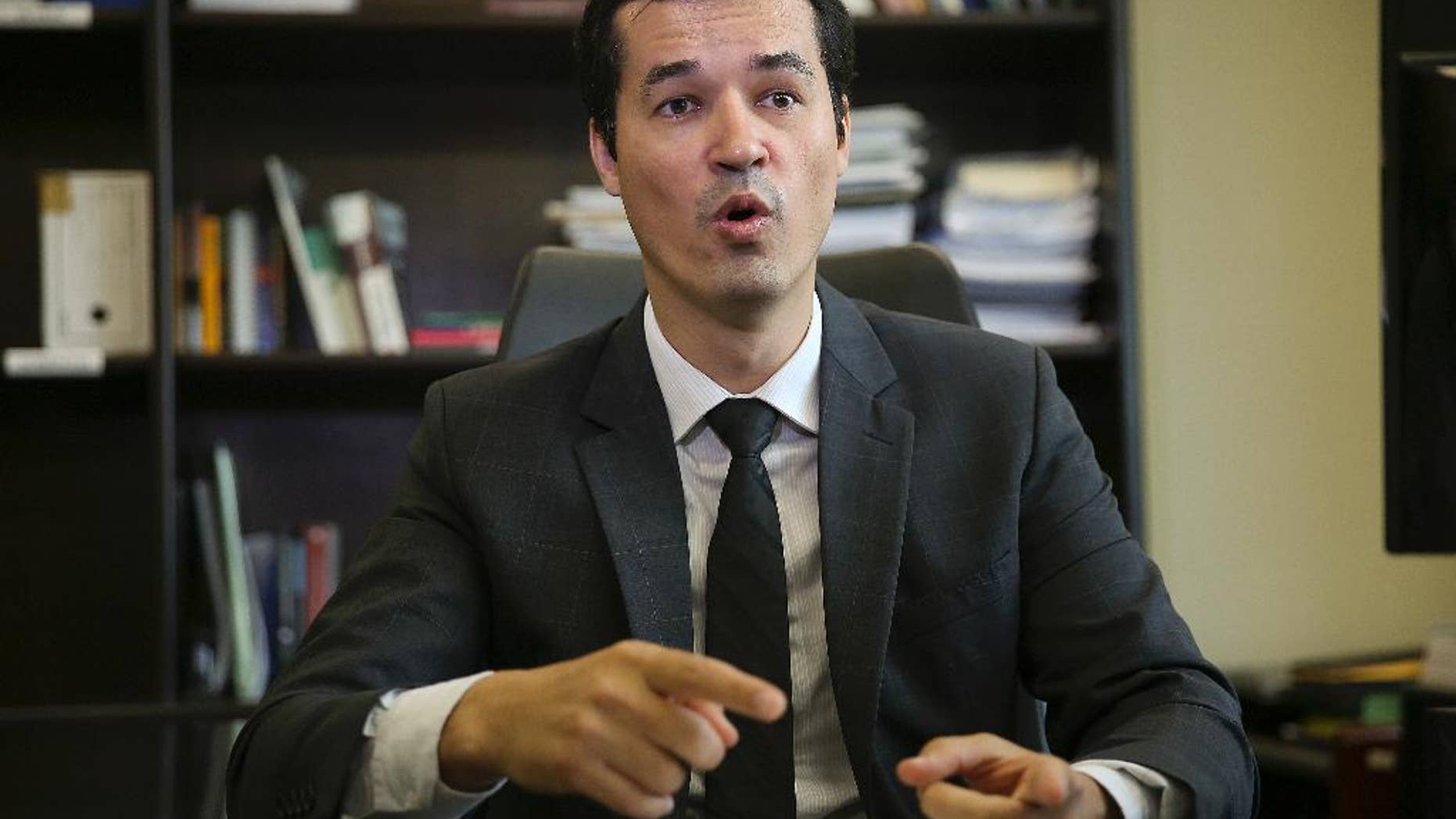 Deltan Dallagnol, lead federal prosecutor in the so-called Car Wash investigation, gives an interview in Curitiba, Brazil, Thursday, Jan. 26, 2017. The lead federal prosecutor in the massive corruption investigation roiling Brazil says recent developments could double the size of the case, a staggering possibility given that the probe has ensnared many of the country’s elite, threatens to bring down President Michel Temer and is expanding to other Latin American countries. (AP Photo/Andre Penner)