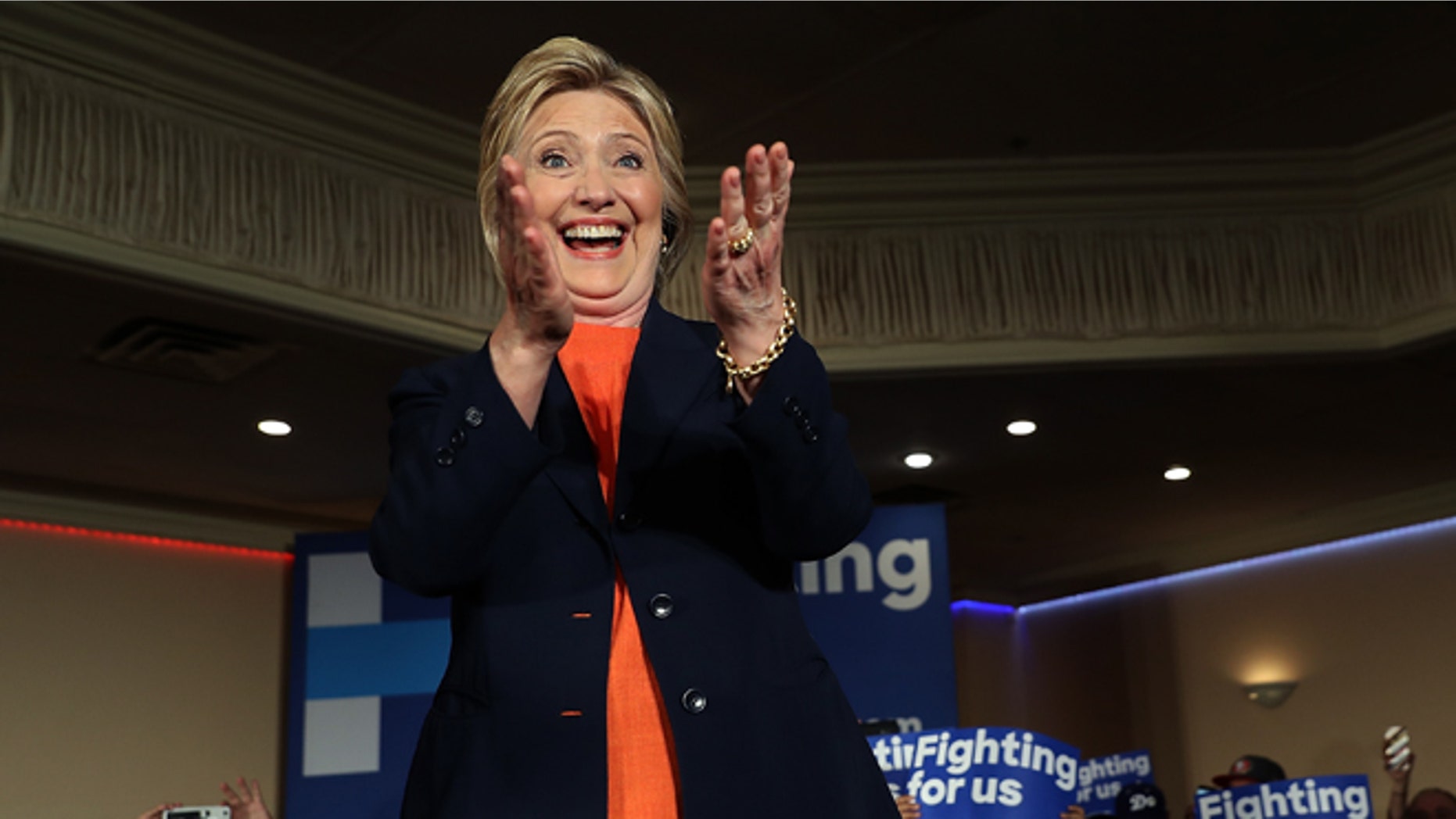 EL CENTRO, CA - JUNE 02: Democratic presidential candidate, former Secretary of State Hillary Clinton greets supporters during a campaign rally at the Barcelona Event Center on June 2, 2016 in El Centro, California. With less than a week to go before the California presidential primary, Clinton is campaigning in southern California. (Photo by Justin Sullivan/Getty Images)
