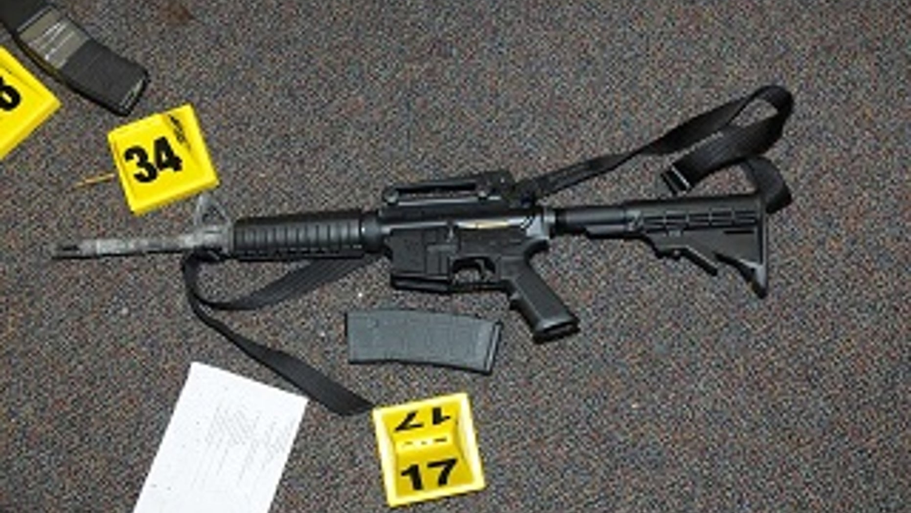 An AR-15 rifle found at the scene of the Sandy Hook Elementary shooting in 2012. The shooting killed 20 children and six educators.