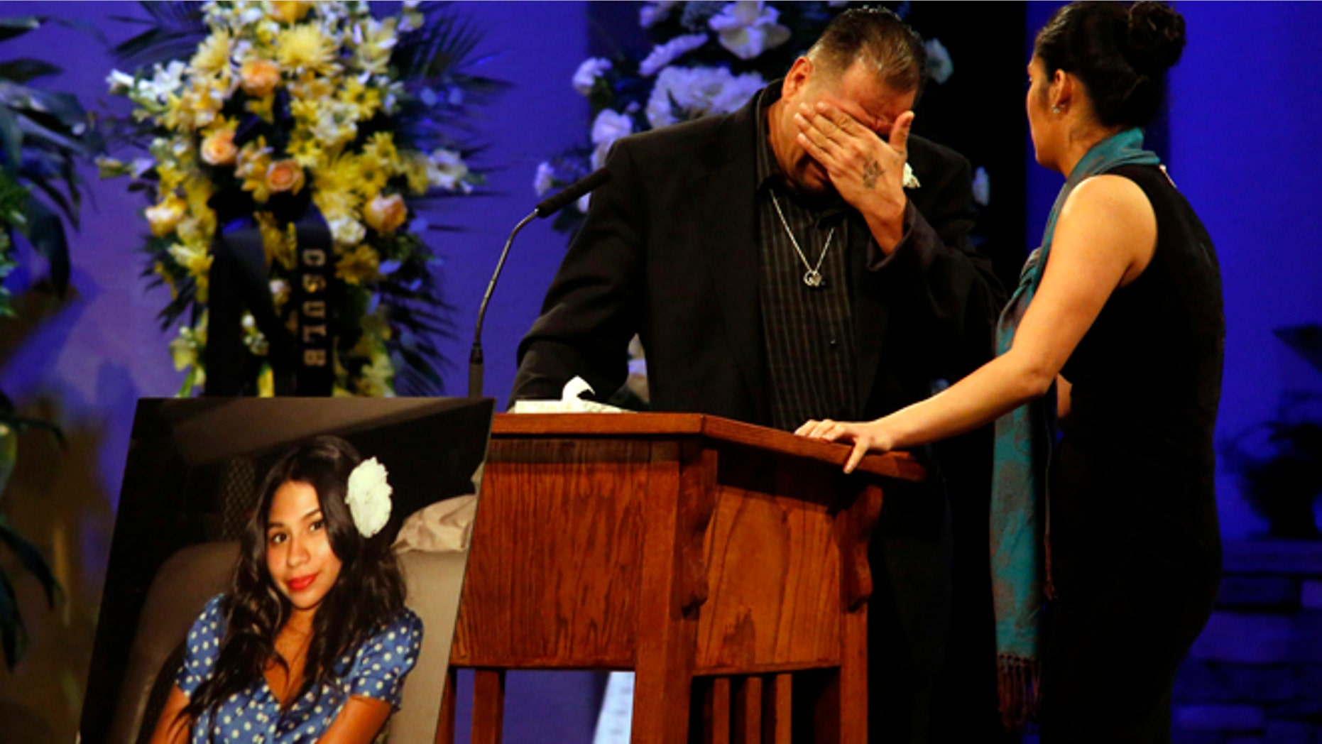 Reynaldo Gonzalez breaks down while remembering his daughter Nohemi Gonzalez, Paris attack victim, at her funeral at the Calvary Chapel in Downey, Calif., Friday, Dec. 4, 2015. Gonzalez was the 23 year-old Cal State Long Beach student who was killed while dining with friends at a bistro in Paris last month. (Genaro Molina/Los Angeles Times via AP, Pool)
