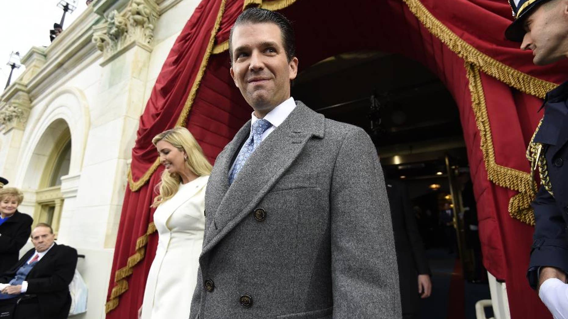 FILE - In this Jan. 20, 2017, file photo, Donald Trump, Jr., and Ivanka Trump arrive on Capitol Hill in Washington for the presidential Inauguration of their father, Donald Trump. Trump Jr. is facing criticism for a tweeting in the hours after the London attack on Wednesday, March 22, 2017, a months-old comment from London Mayor Sadiq Khan that terror attacks are part of living in a big city. (Saul Loeb via AP, Pool, File)