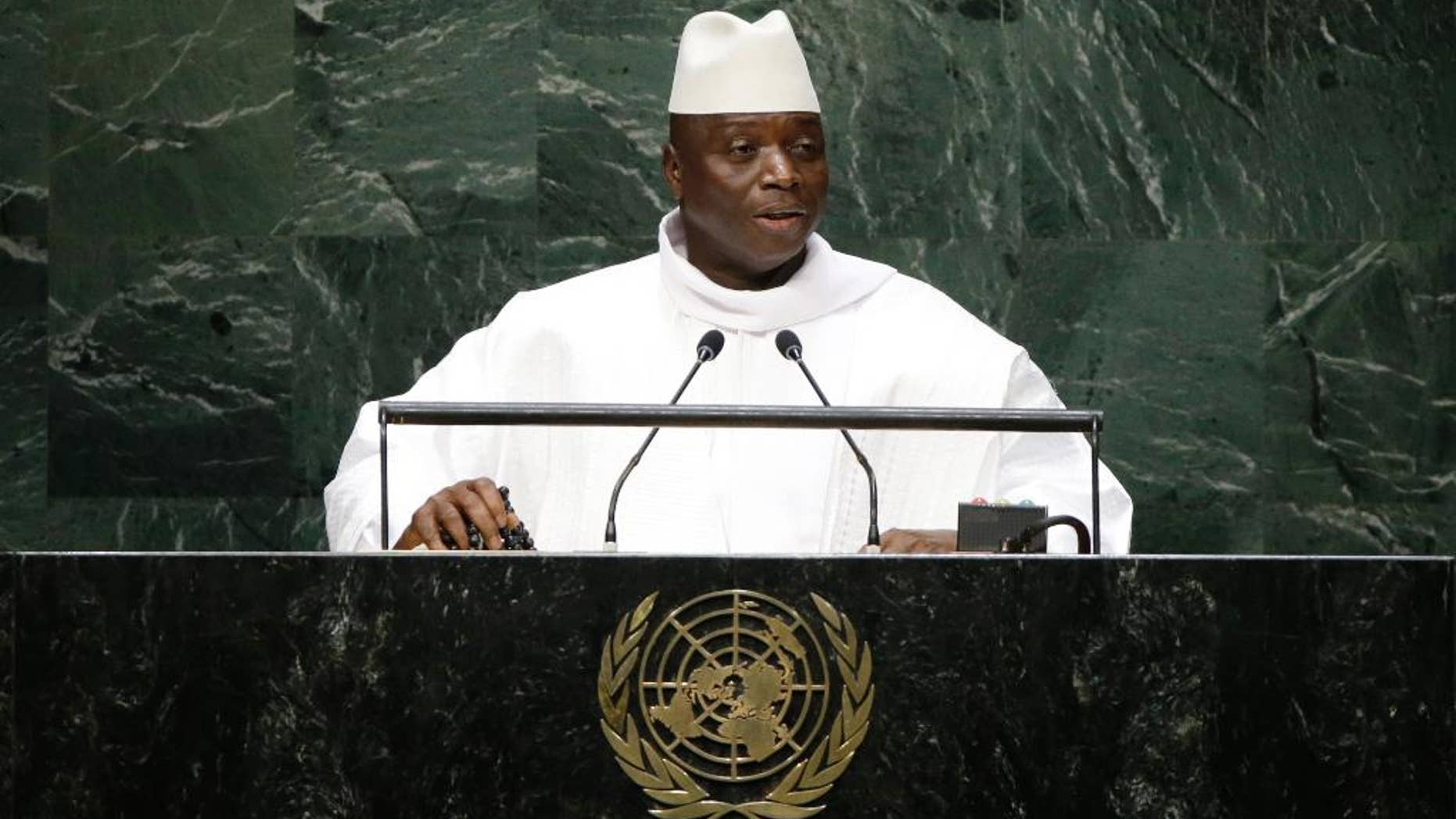 Gambia's President Al Hadji Yahya Jammeh addresses the 69th session of the United Nations General Assembly Thursday, Sept. 25, 2014, at the United Nations headquarters. (AP Photo/Frank Franklin II)
