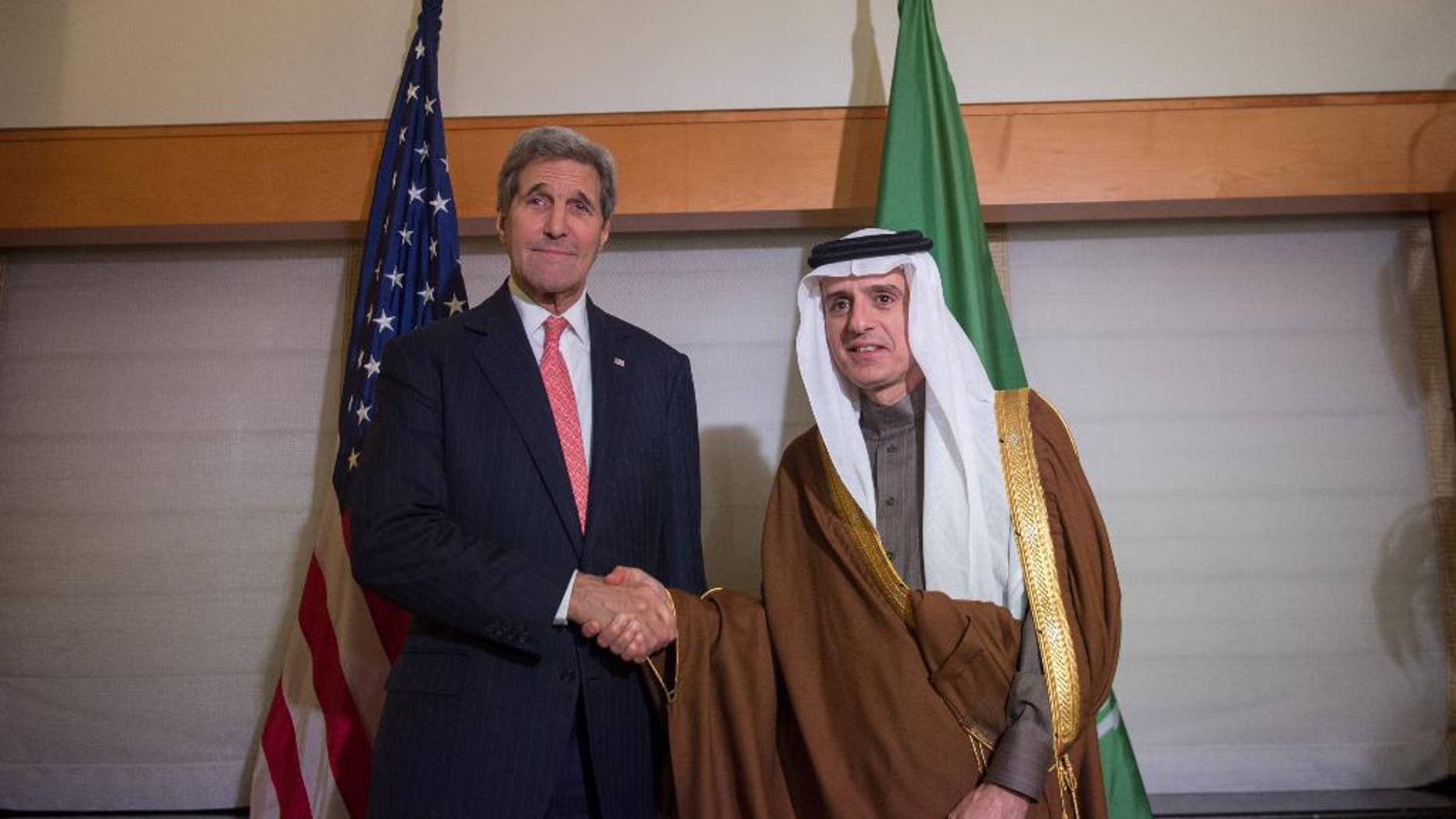Secretary of State John Kerry meets with Saudi Arabia's Foreign Minister Adel bin Ahmed Al-Jubeir at the New York Palace Hotel, Thursday, Dec. 17, 2015, in New York. (AP Photo/Bryan Smith, Pool)