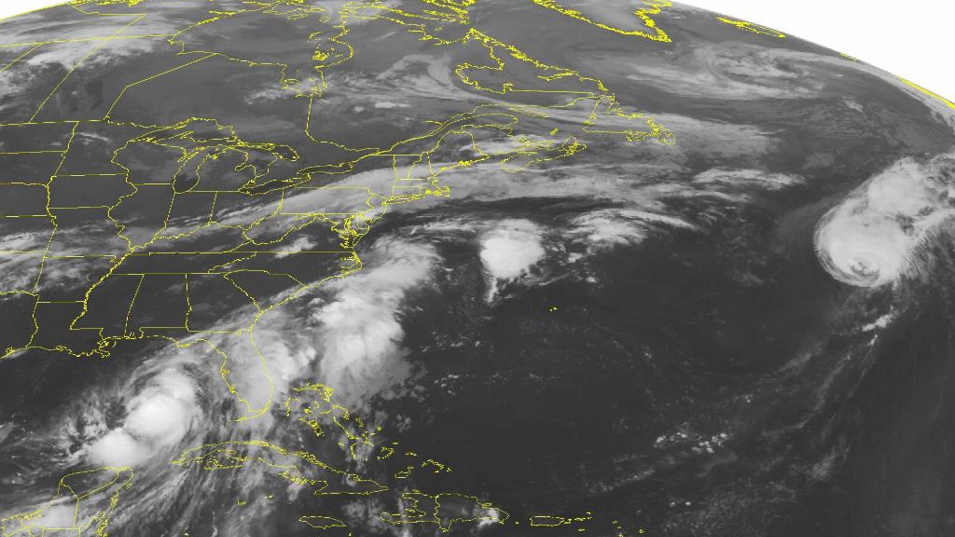 This NOAA satellite image taken Thursday, September 01, 2016 at 12:45 AM EDT shows large amounts of thunderstorm activity occurring offshore of the southeastern United States, extending offshore of the Mid-Atlantic. Tropical Storm Hermine is also observed in the southeastern Gulf of Mexico, slowly marching northward towards the Gulf shore. Some isolated rain showers are also moving ahead of a cold front draped across New England and into the Mid-west. (NOAA/Weather Underground via AP)